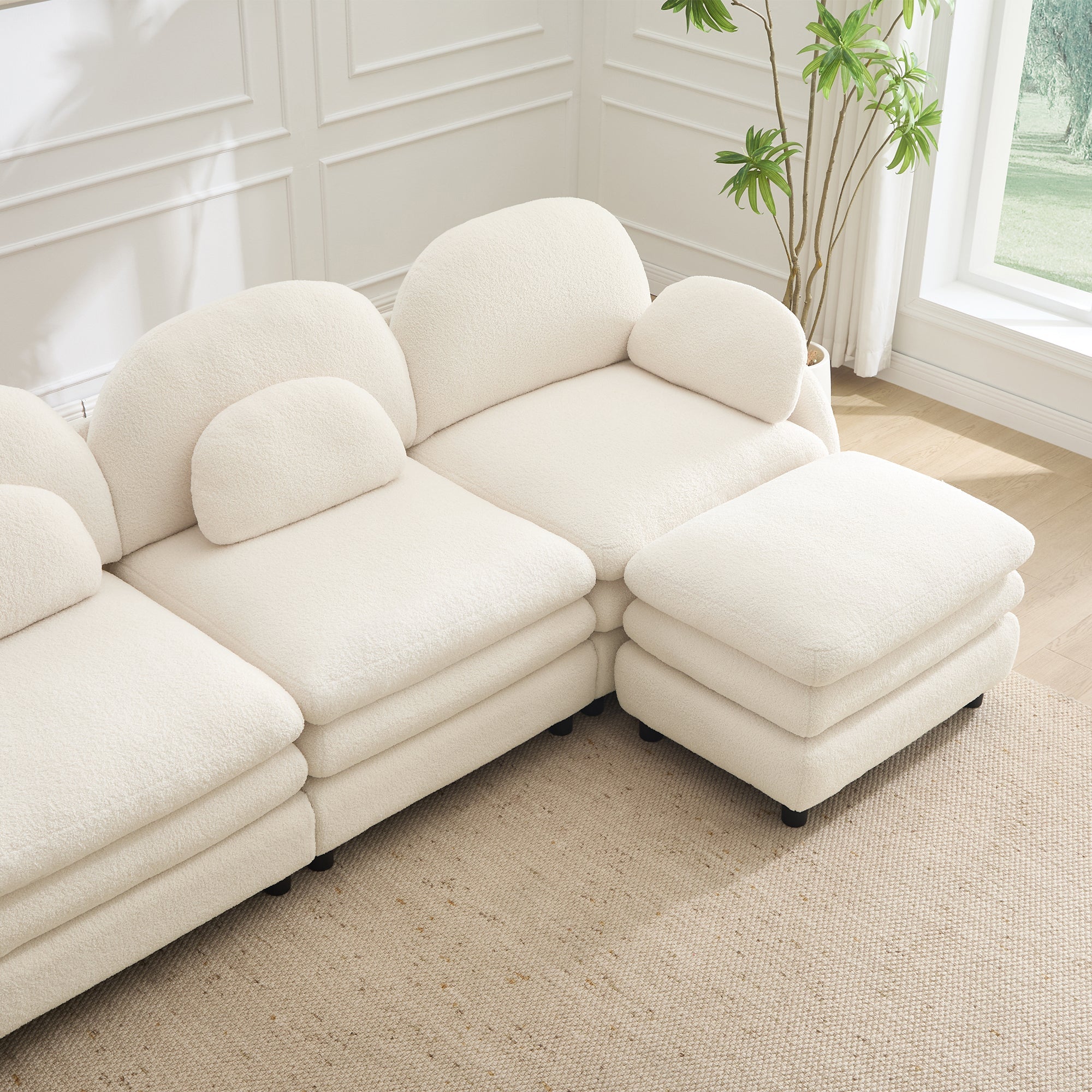 Sectional Sofa Modular Cloud Teddy Beige White 4 Seat Ottoman