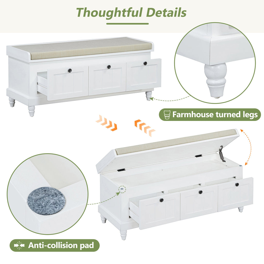 Entry Bench Fluted MDF White Cushioned Seat 3 Drawers 44x16x19