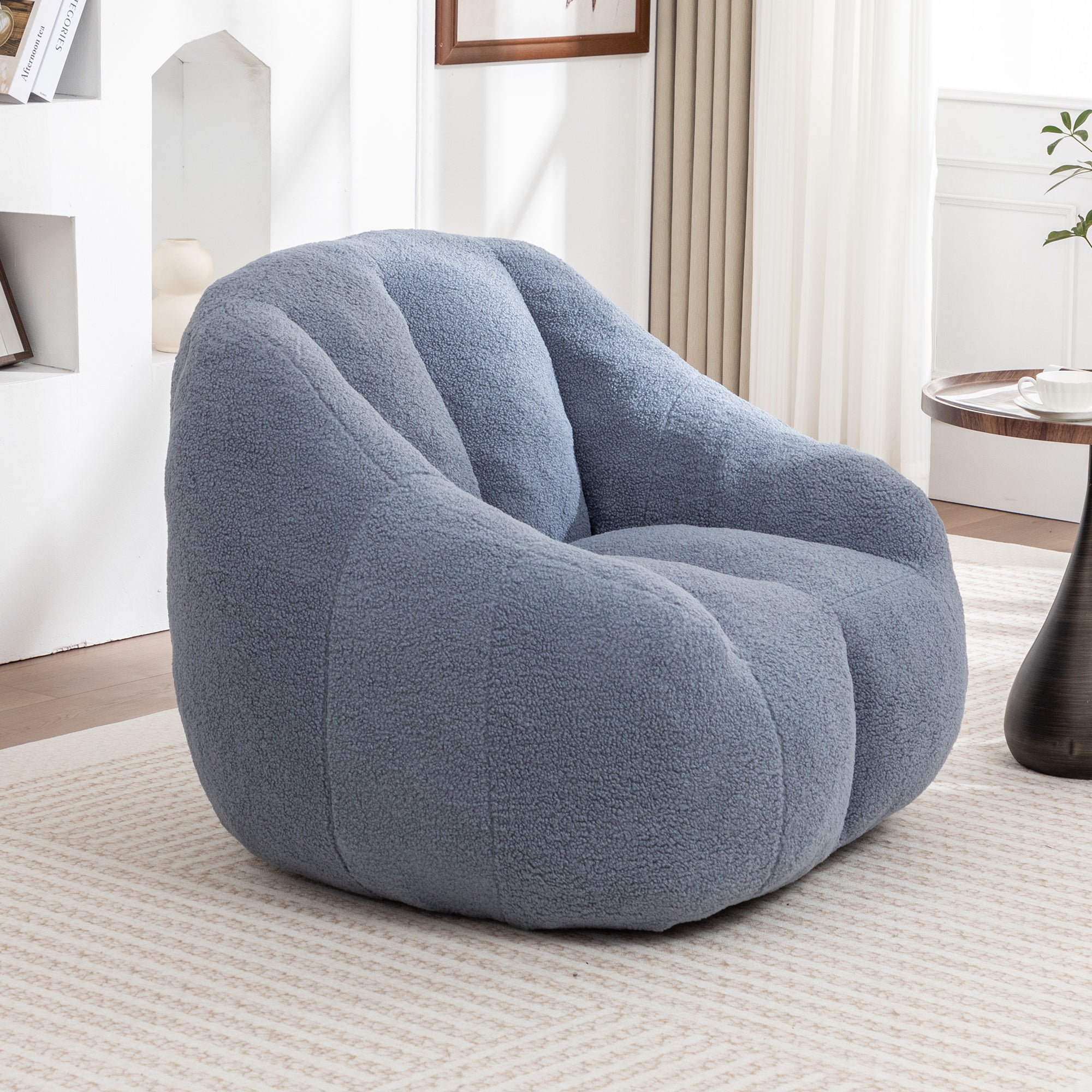 Bean Bag Chair Plush Faux Fur Light Blue Memory Foam Ergonomic Armrests 37.4 In