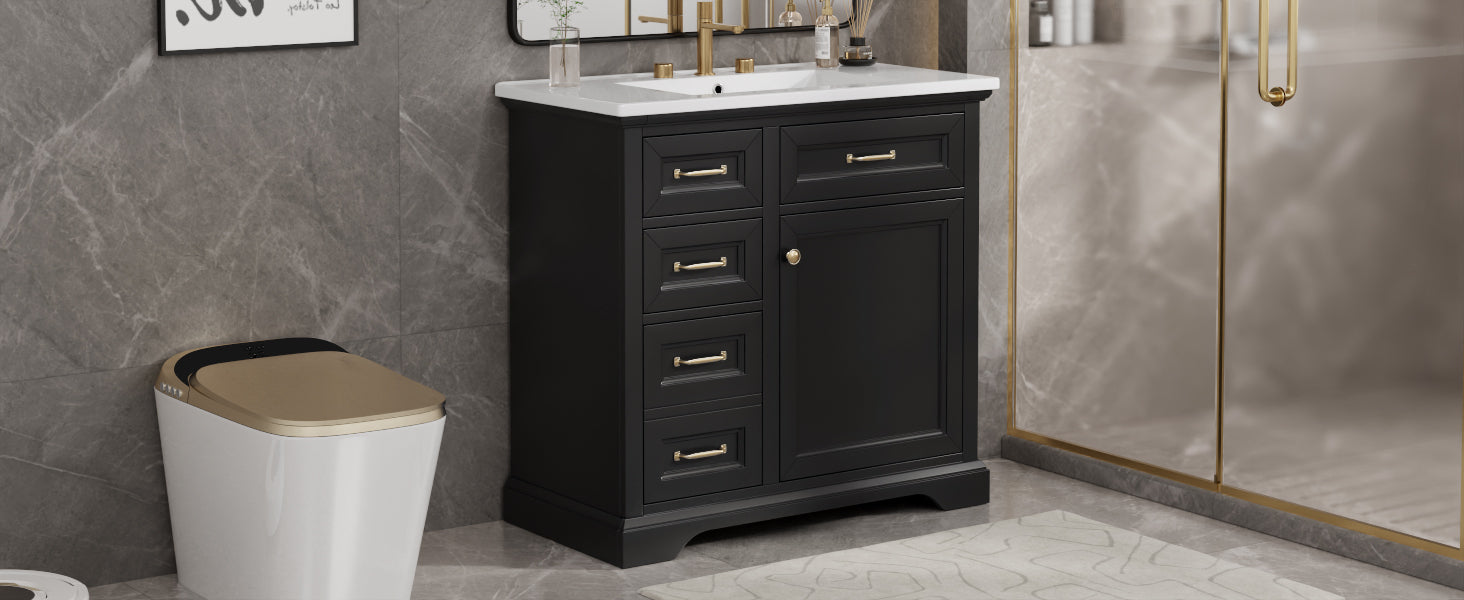 36-Inch Bathroom Vanity with Ceramic Sink Top, 4 Drawers and 1 Soft-Close Door