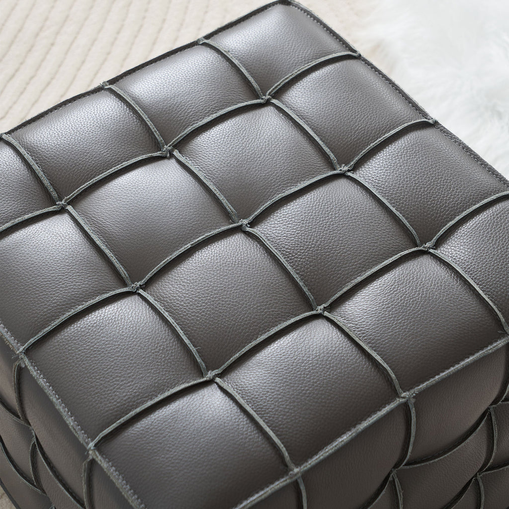 17.32 Inch Quality Leather Tufted Square Ottoman Footstool, Grey