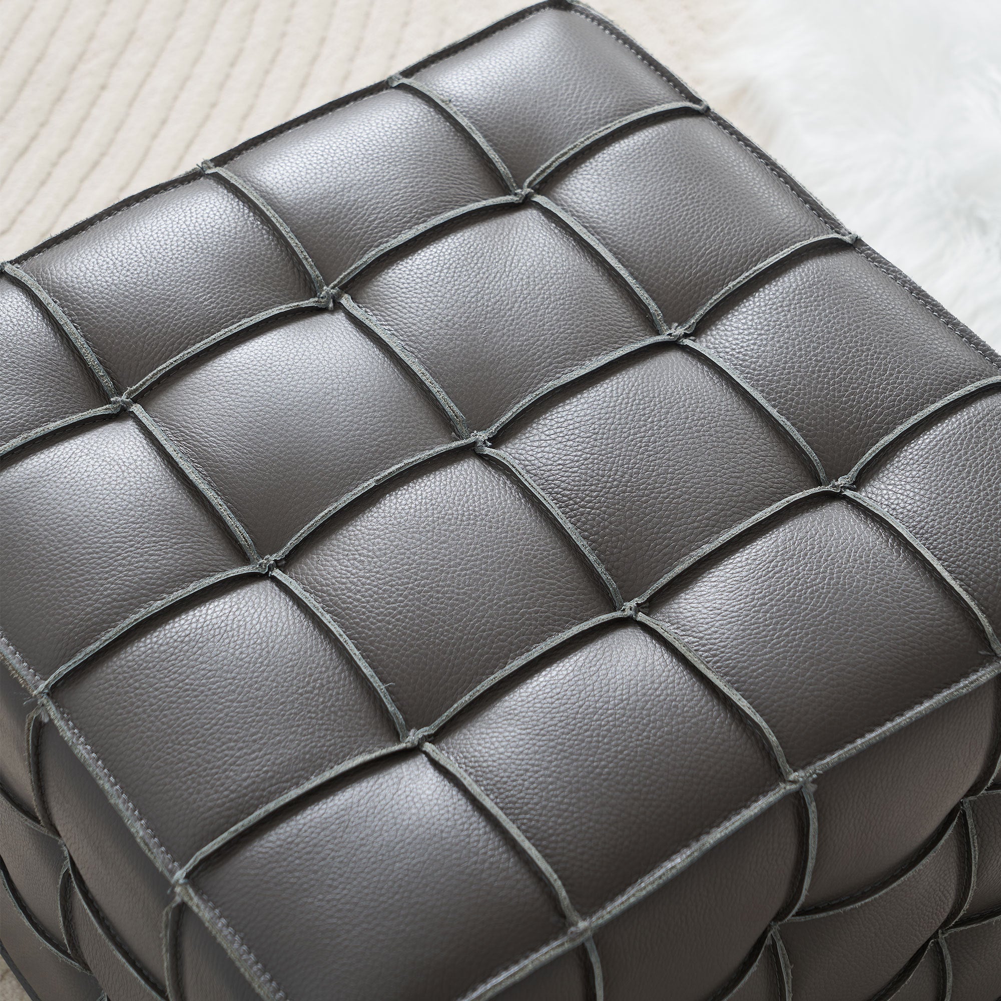 17.32 Inch Quality Leather Tufted Square Ottoman Footstool, Grey