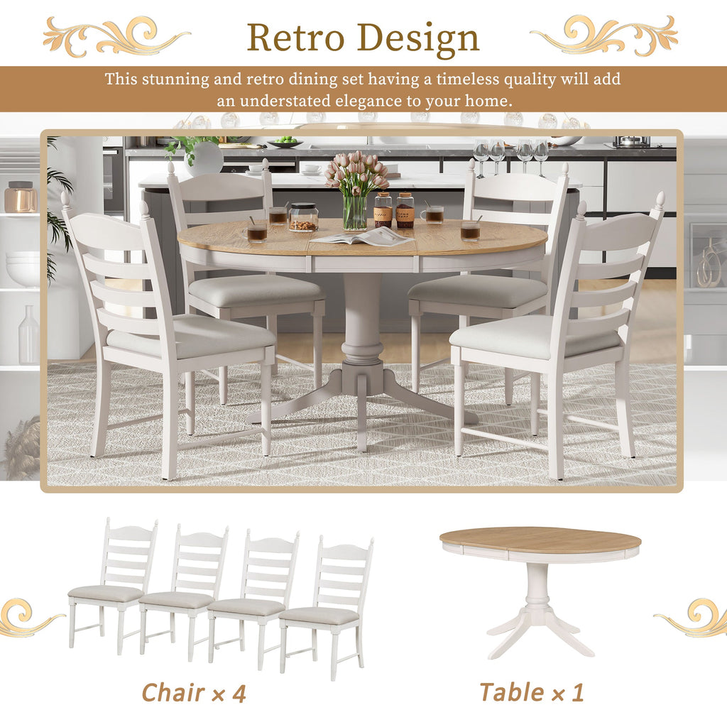 5-Piece Retro Functional Dining Table Set Wood Round Extendable Dining Table
