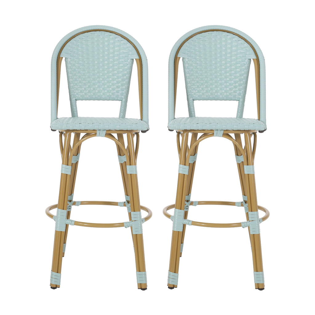 29.5 Inch Outdoor PE Rattan Aluminum French Barstools, Set of 2, Light Teal