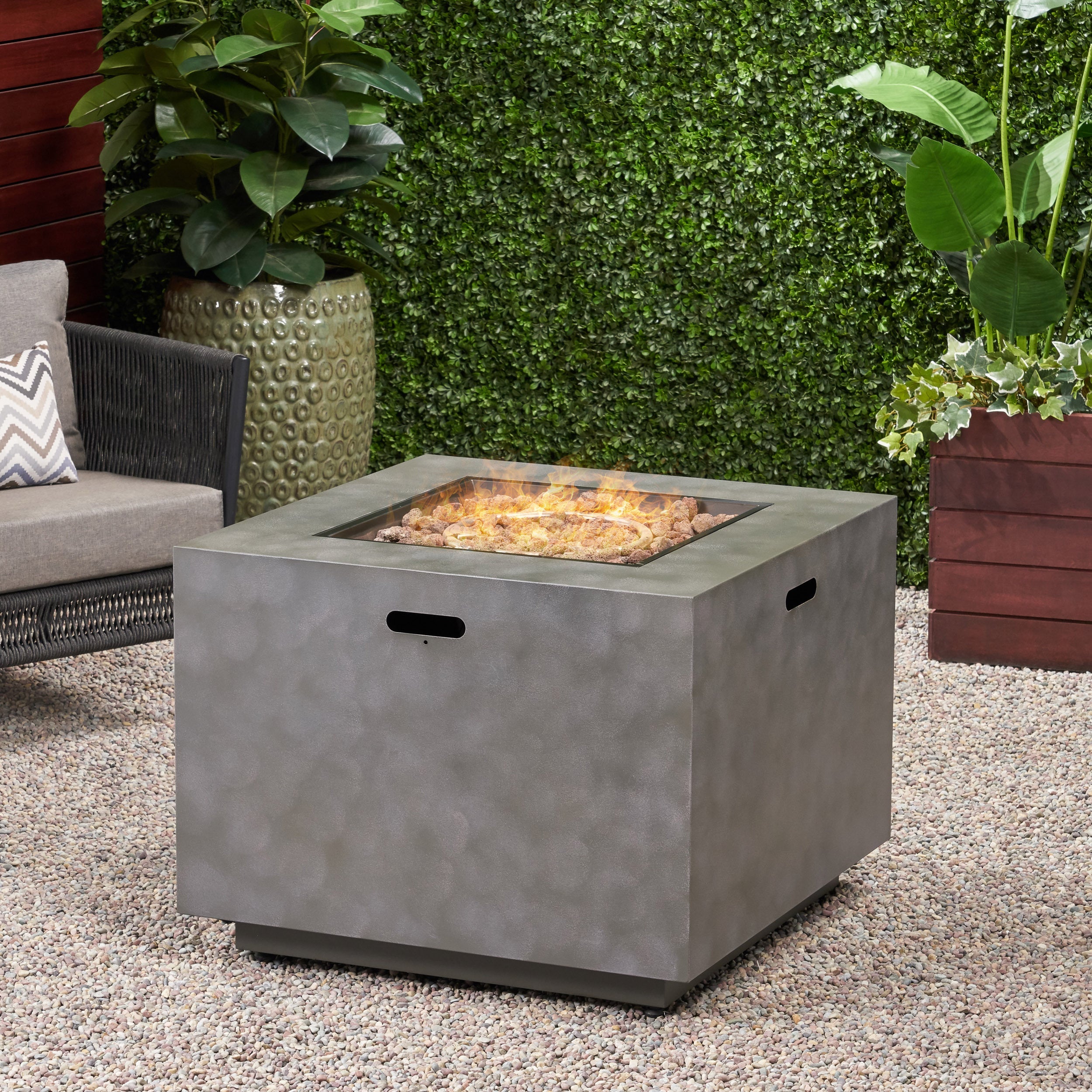 Modern Iron Square Fire Pit 50000 BTU, Stone Gray, 31x31x24