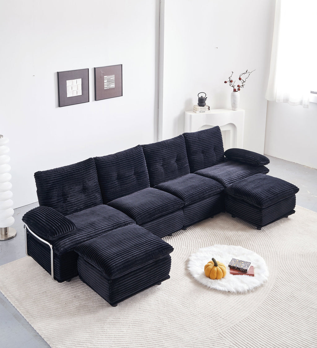 Sectional Sofa U-Shape Modular Corduroy Black 6-Seat with 2 Ottomans 140.94 In