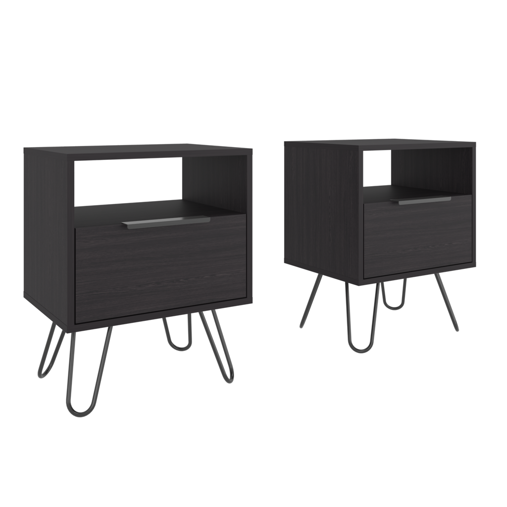 Set of 2 Modern Nightstands with Storage, Metal Legs, Wenge