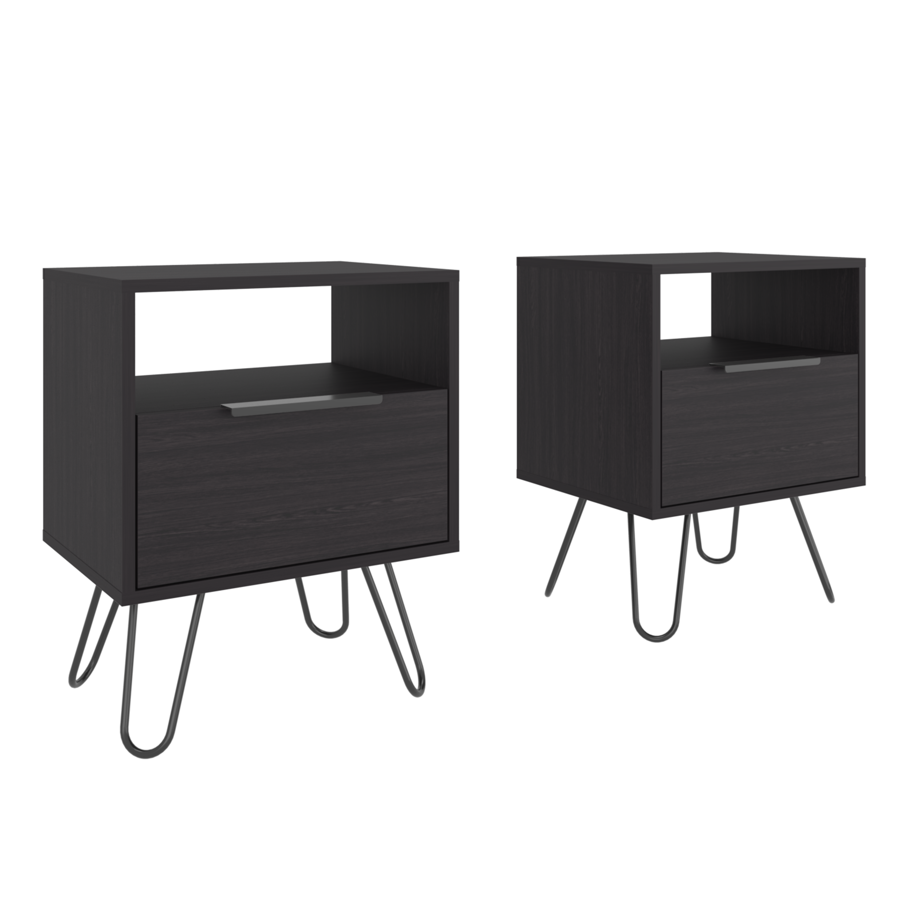 Set of 2 Modern Nightstands with Storage, Metal Legs, Wenge