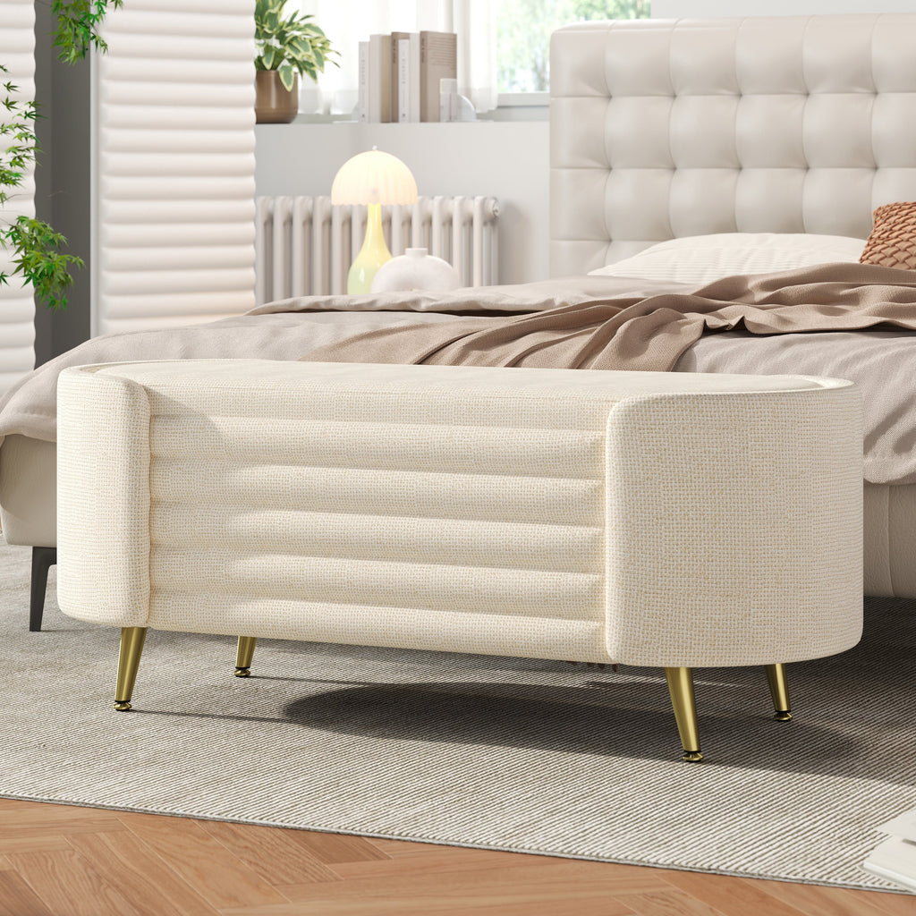 Storage Ottoman Oval Chenille Beige Metal Legs Hidden Storage 44.9x18x18 In
