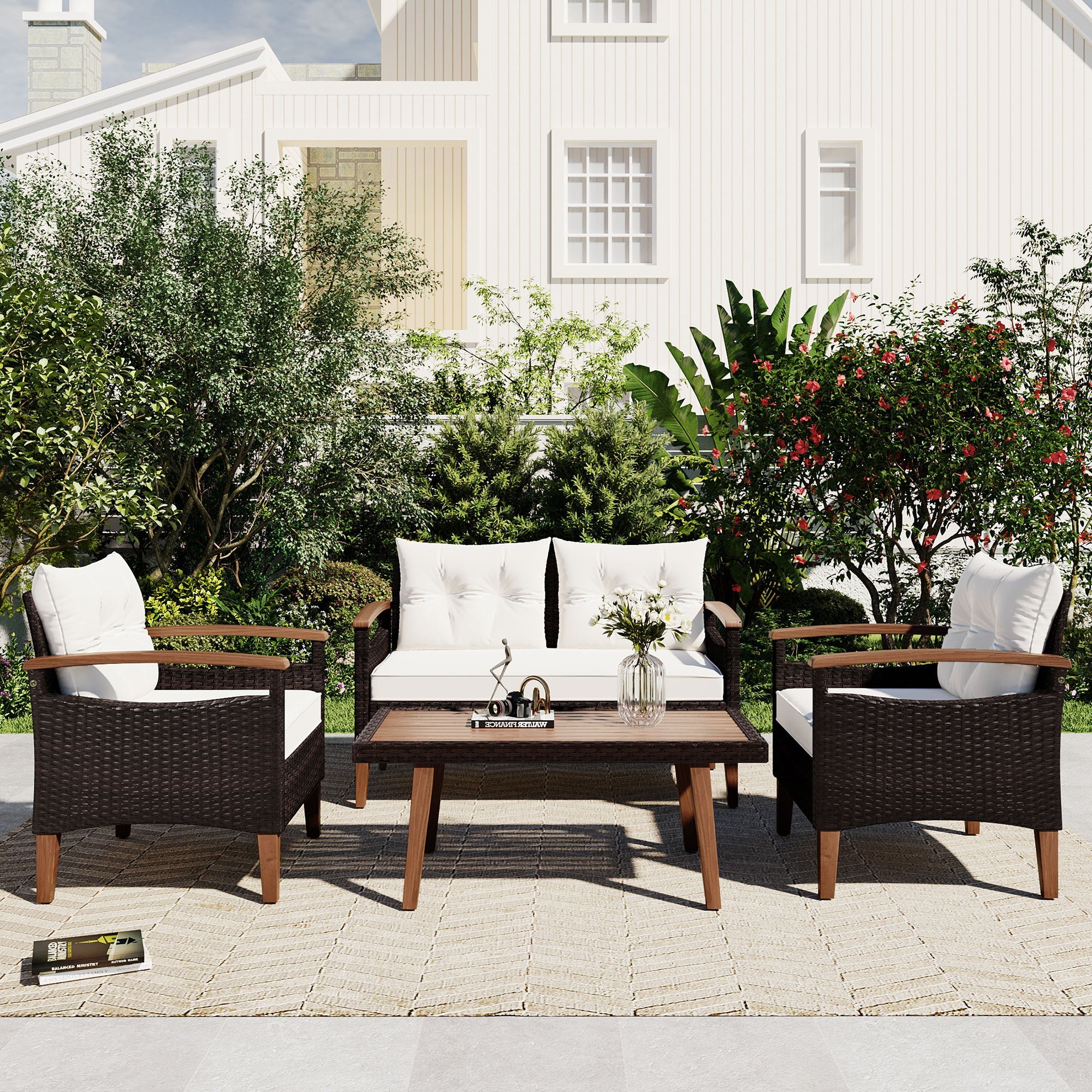 Outdoor Rattan Sofa Set 4 Piece Modular Beige