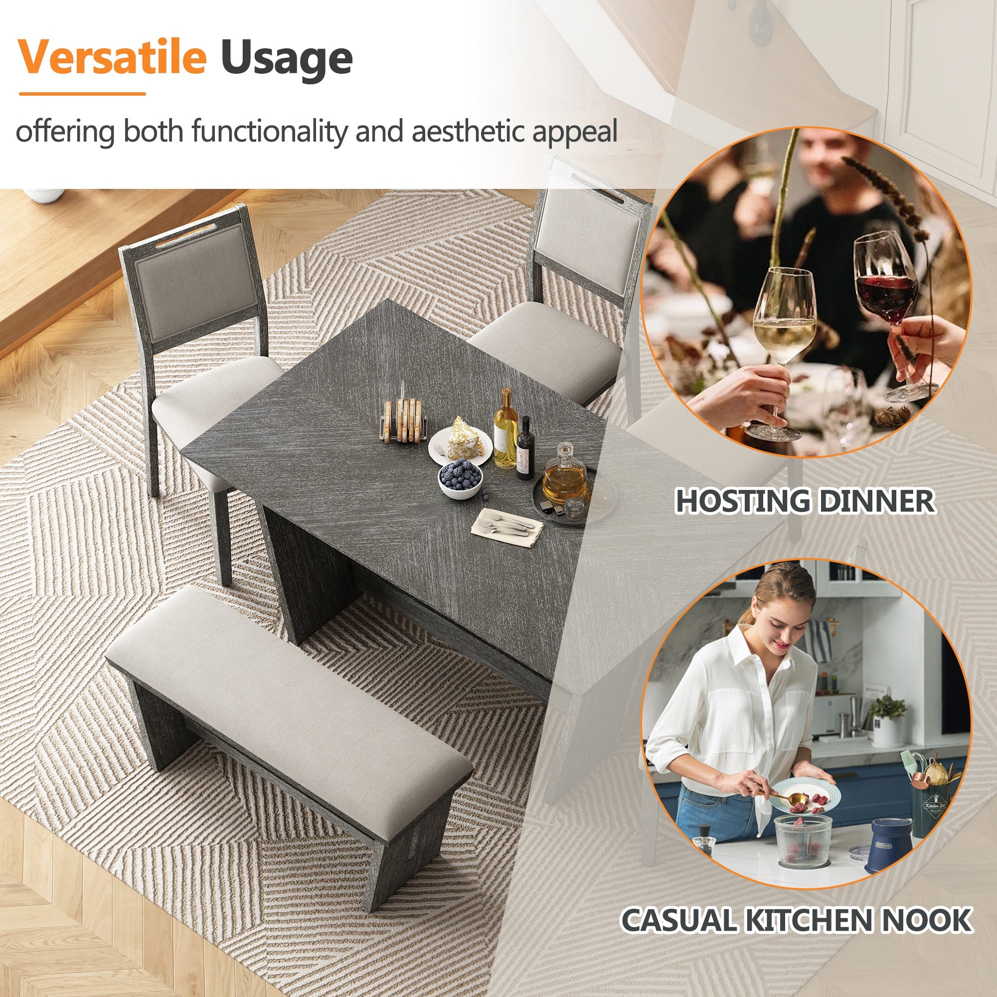 6-Piece Retro Dining Table Set for 6, 60' Wood Kitchen Table and Chairs Set of