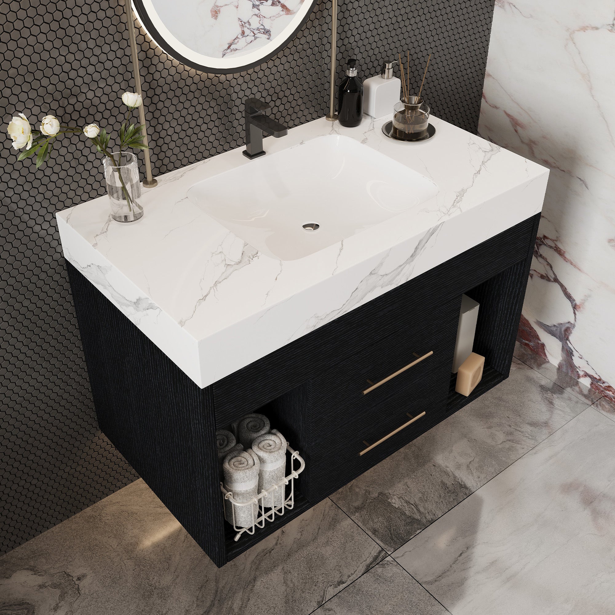 29.9' Modern Floating Bathroom Vanity with Sintered Stone Top Ceramic Undermo...