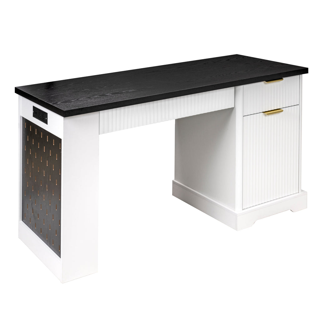 55' Modern Fluted Office Desk with Storage Cabinet and Drawers, Computer Writ...