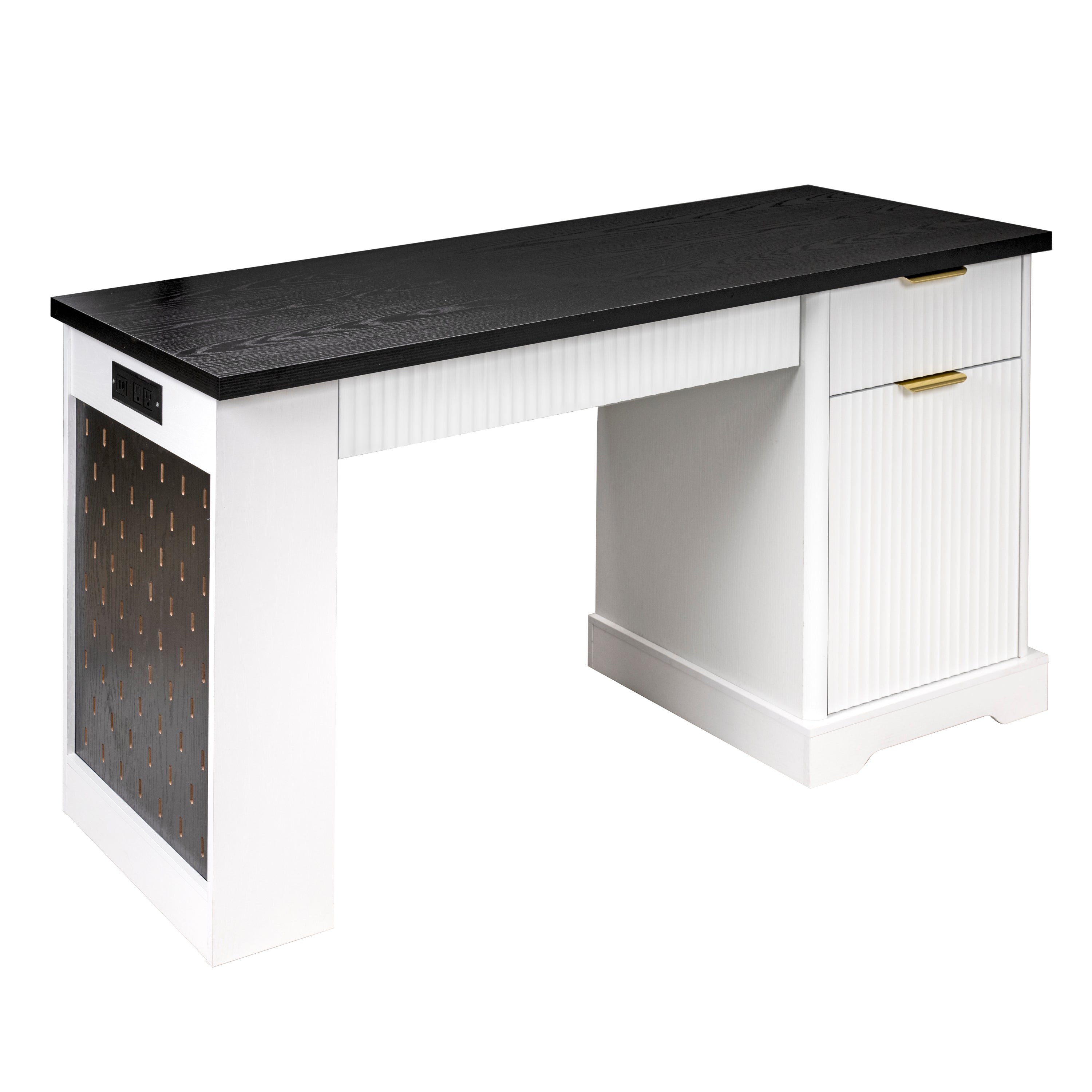 55' Modern Fluted Office Desk with Storage Cabinet and Drawers, Computer Writ...