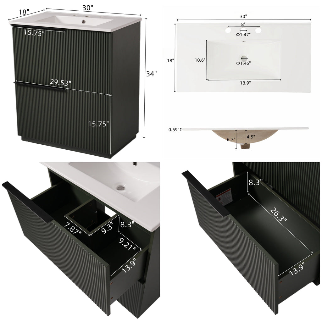 Green Fluted Bathroom Vanity with Ceramic Sink, 30' Full-Extension Drawers, S...