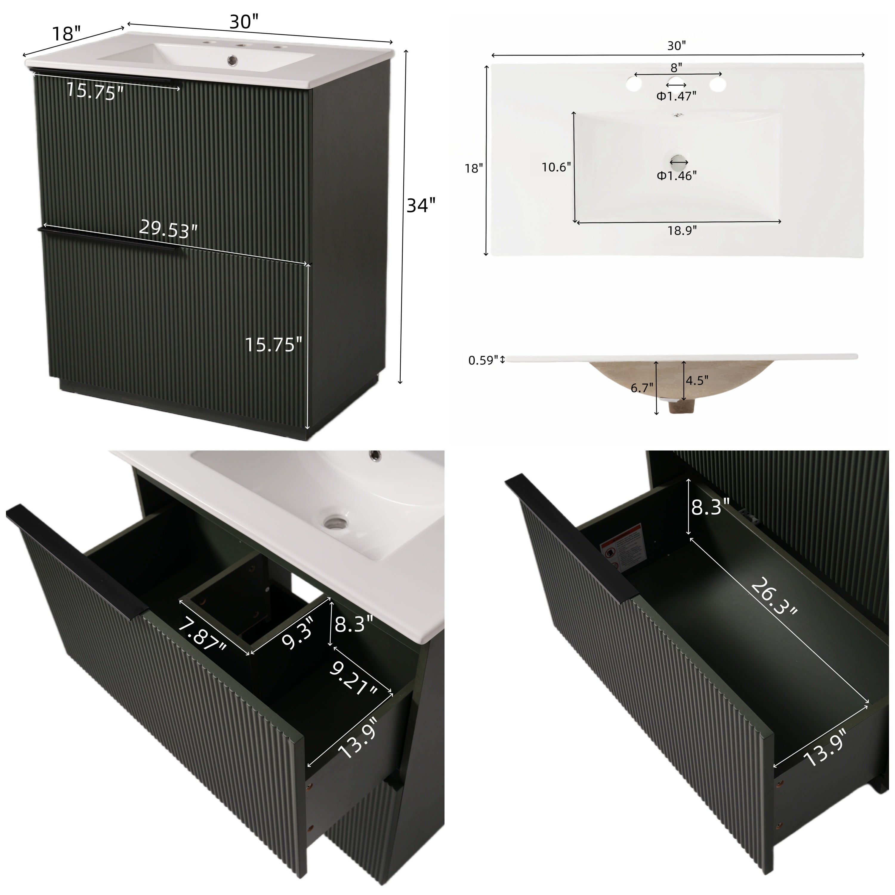 Green Fluted Bathroom Vanity with Ceramic Sink, 30' Full-Extension Drawers, S...