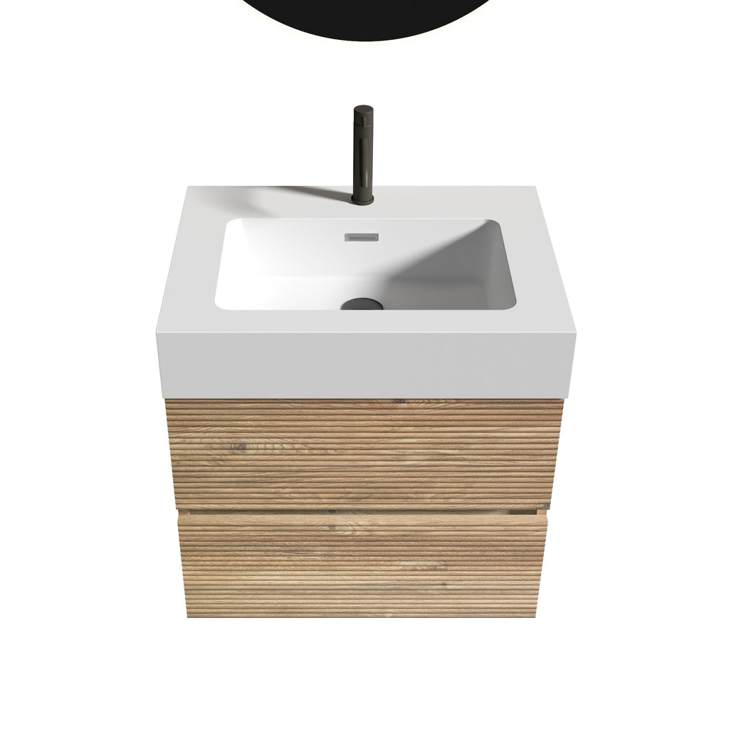 24' Rough Oak Bathroom Vanity with White Glossy Engineered Quartz Sink Soft Drawers