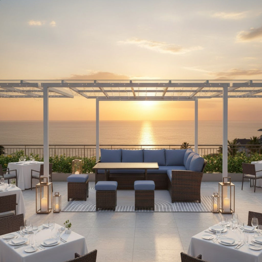 Outdoor Dining Set PE Rattan Brown Blue 7 Piece Seats 8