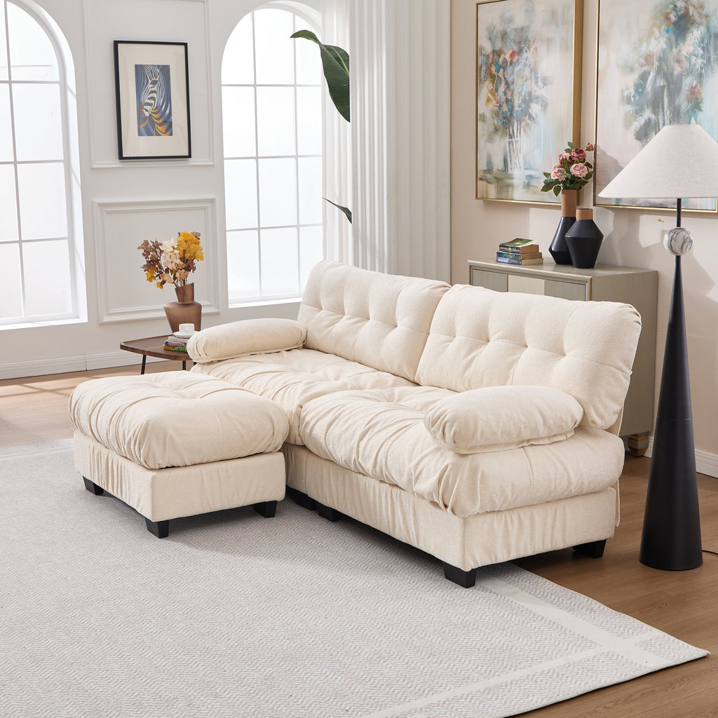 Sectional Sofa L-Shape Cloud Flannelette Beige 3 Seat 88 In 4 Pillows