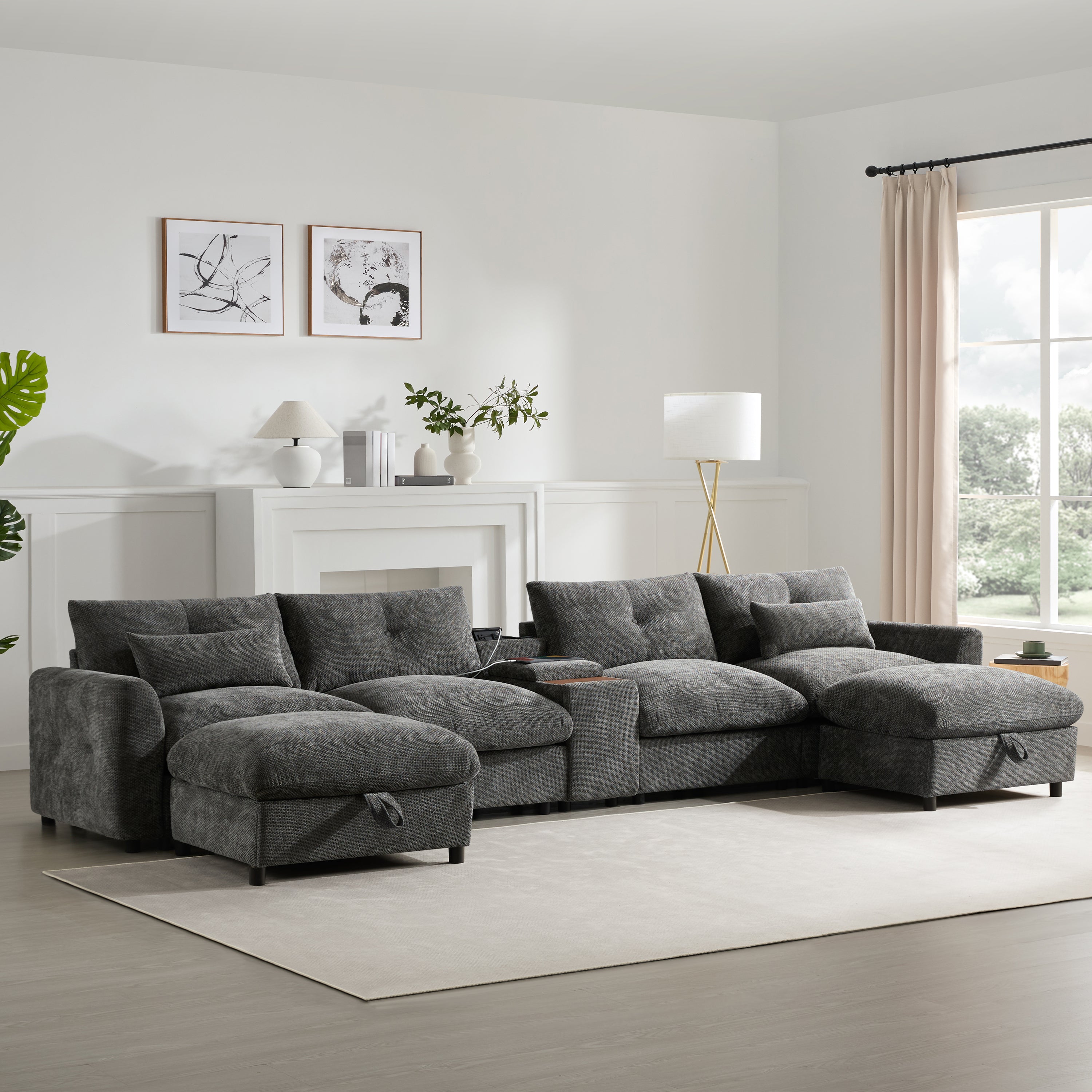 Sectional Sofa U-Shape Chenille Gray 6 Seat USB Console 136 In