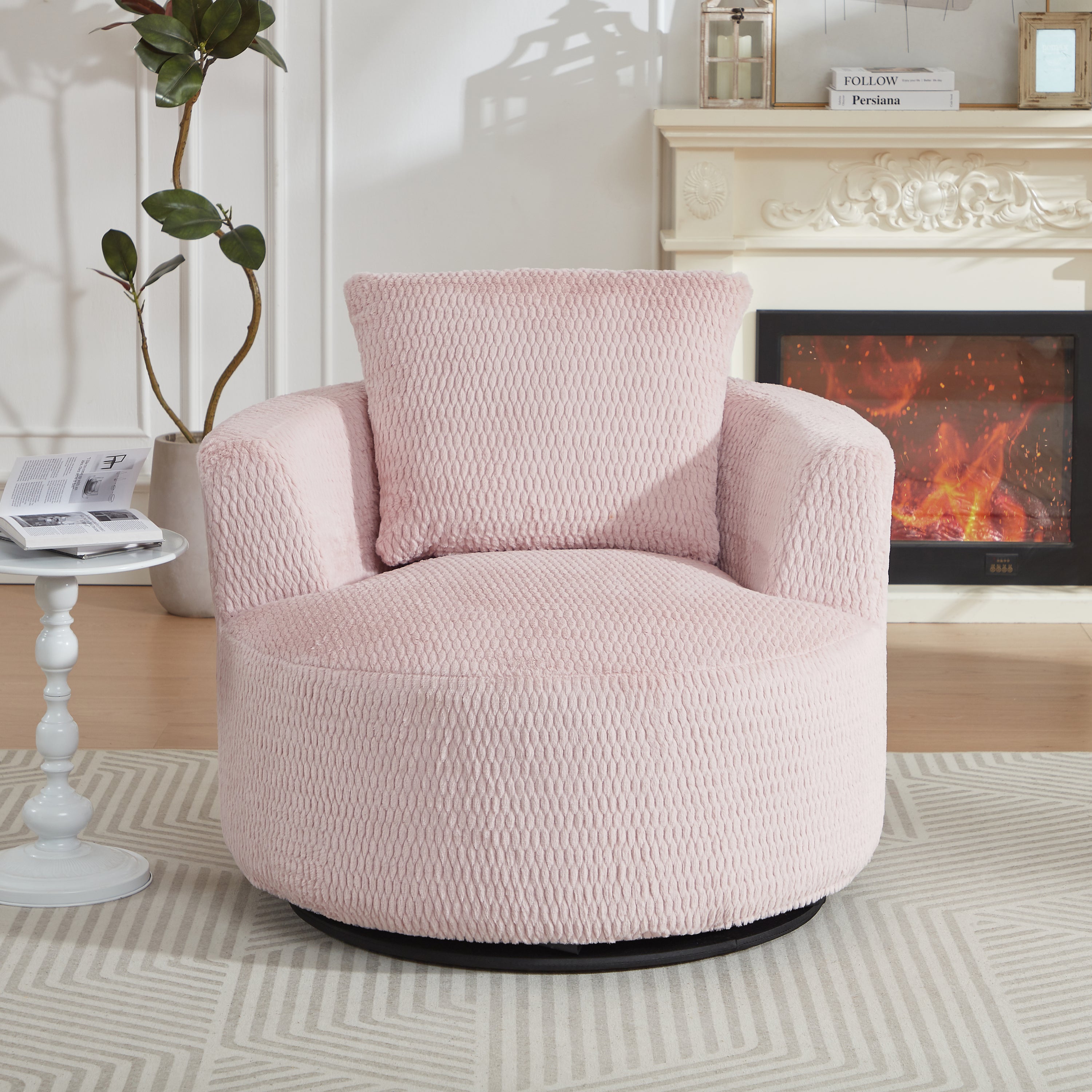 Accent Chair Swivel 360 Degree Faux Fur Pink Pocket Spring No Assembly