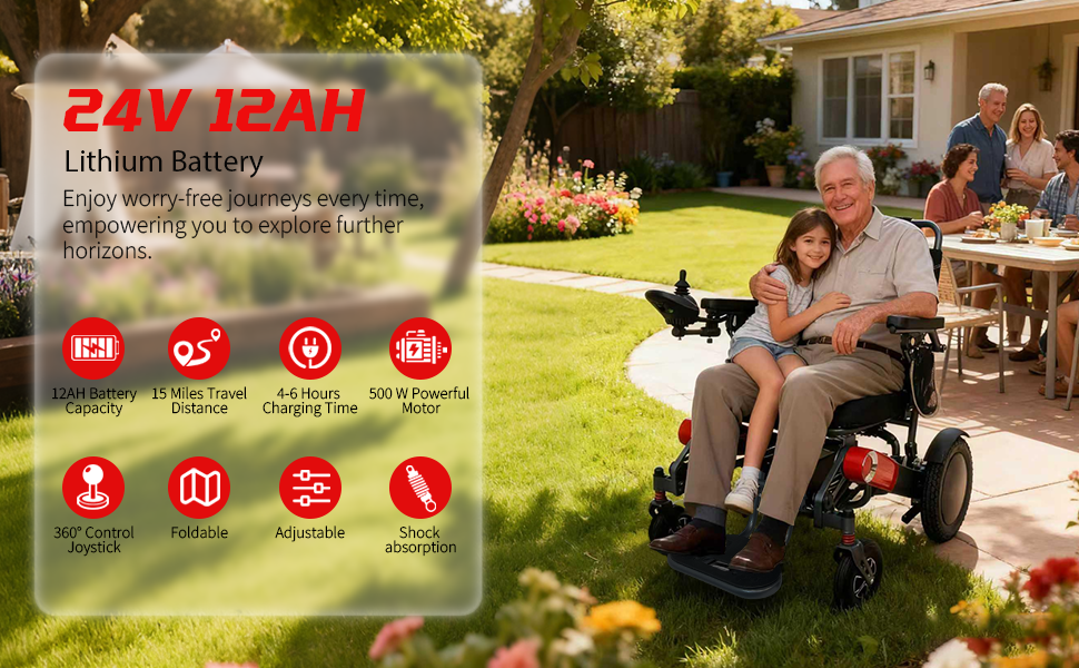 Wheelchair Electric Foldable Aluminum 40 Mile Dual Battery Black Red 42 In