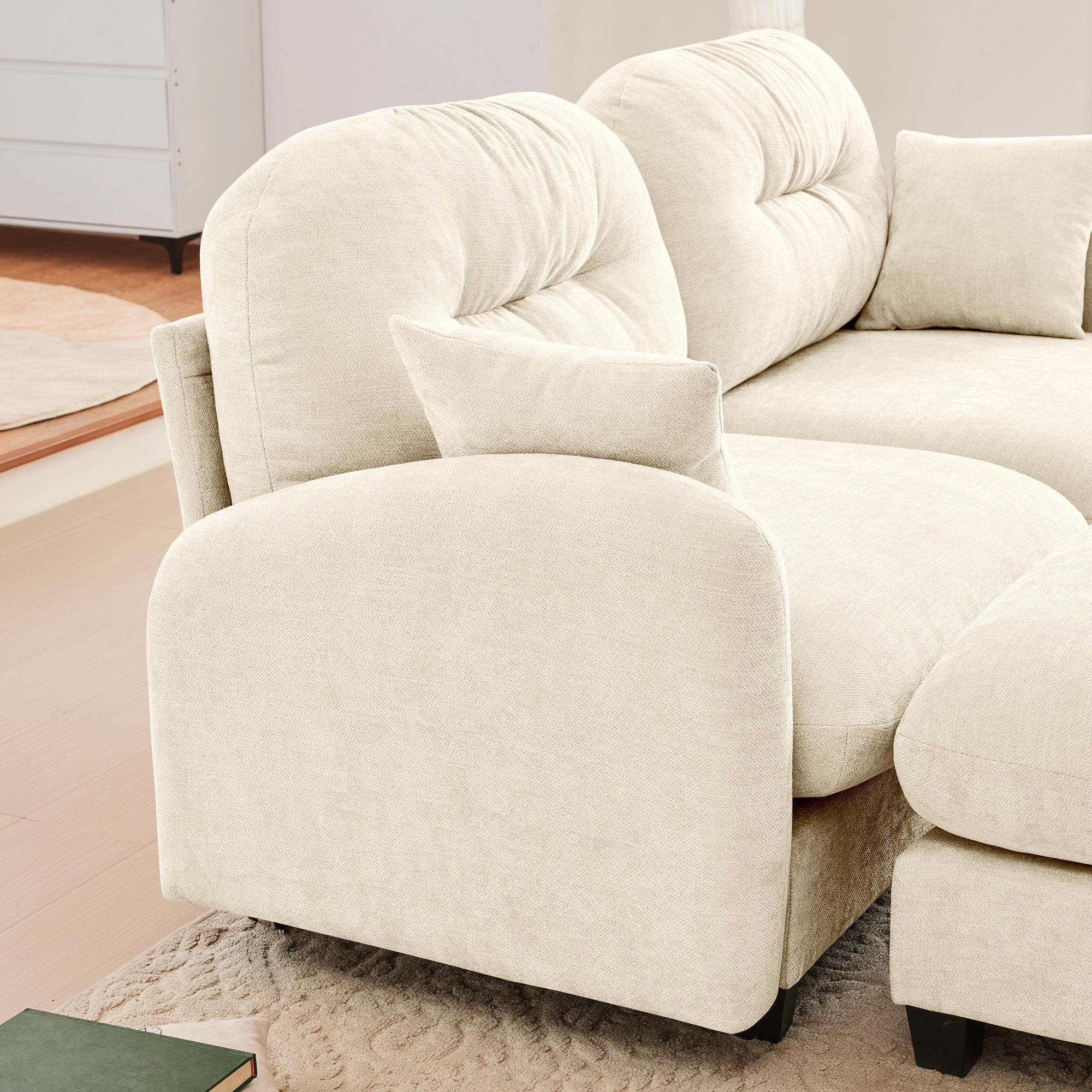 Sectional Sofa L-Shape Modular Chenille Beige Cloud Style with Ottoman