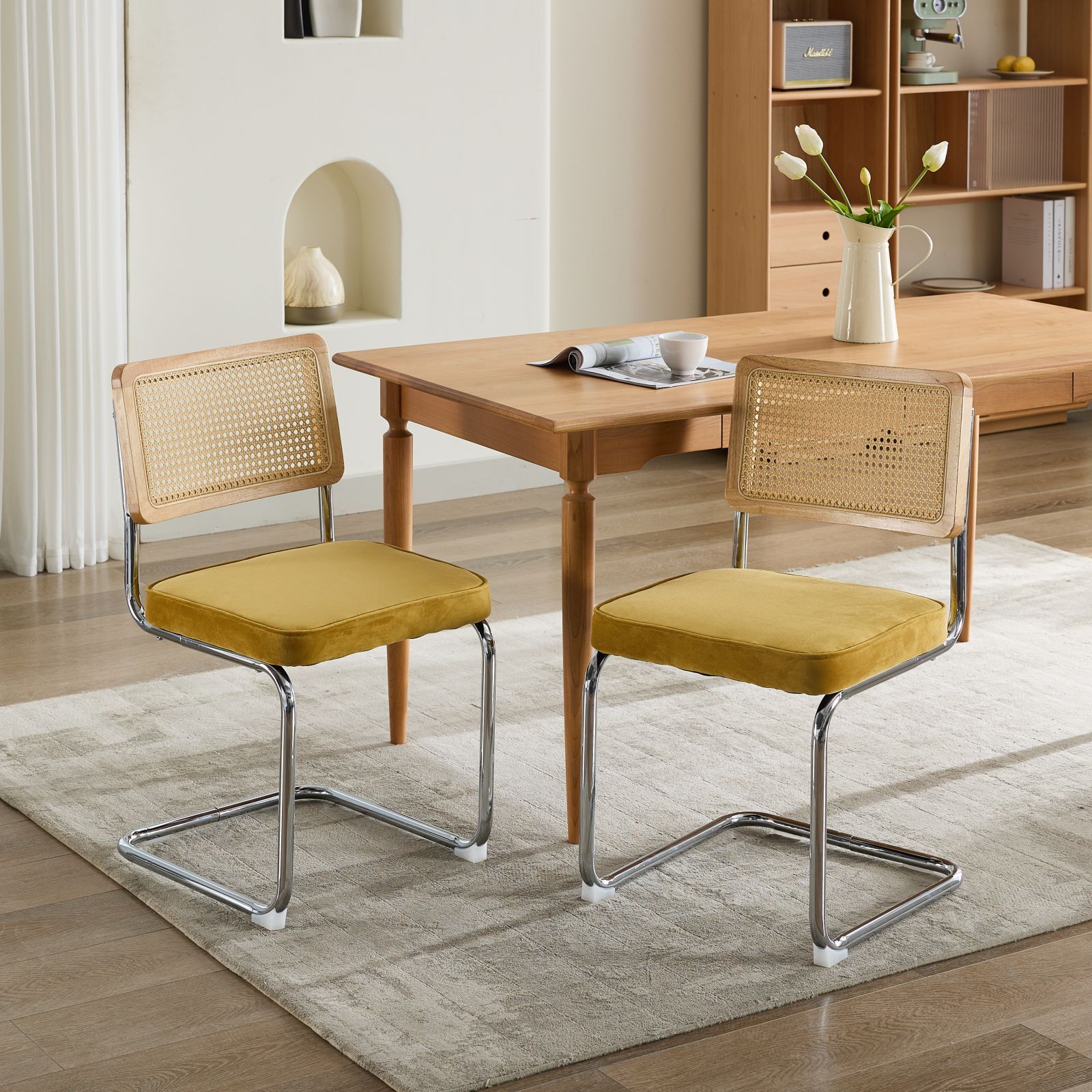 Mid Century Modern Dining Chairs Set of 2, Velvet Accent Chairs with Natural