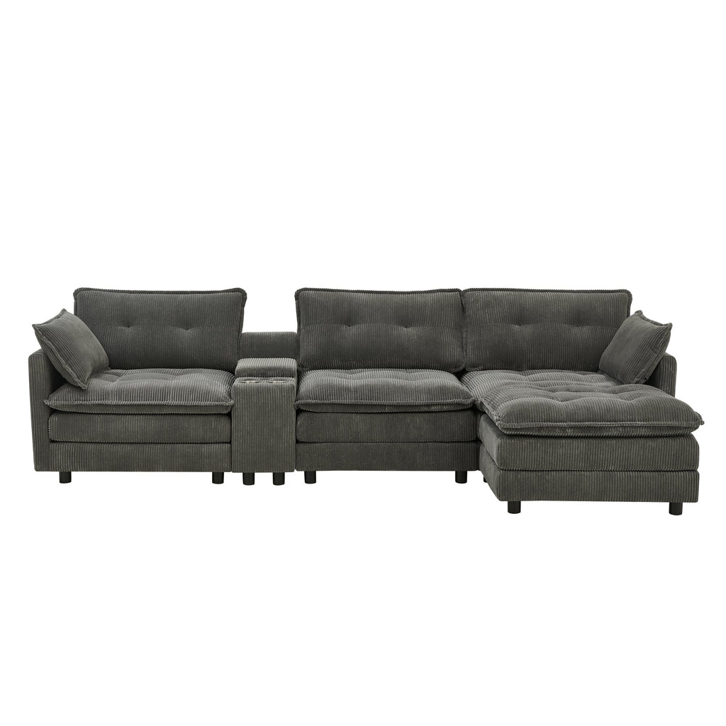 Sectional Sofa L-Shape Corduroy Gray 4 Seat USB Ports Ottoman 119 In