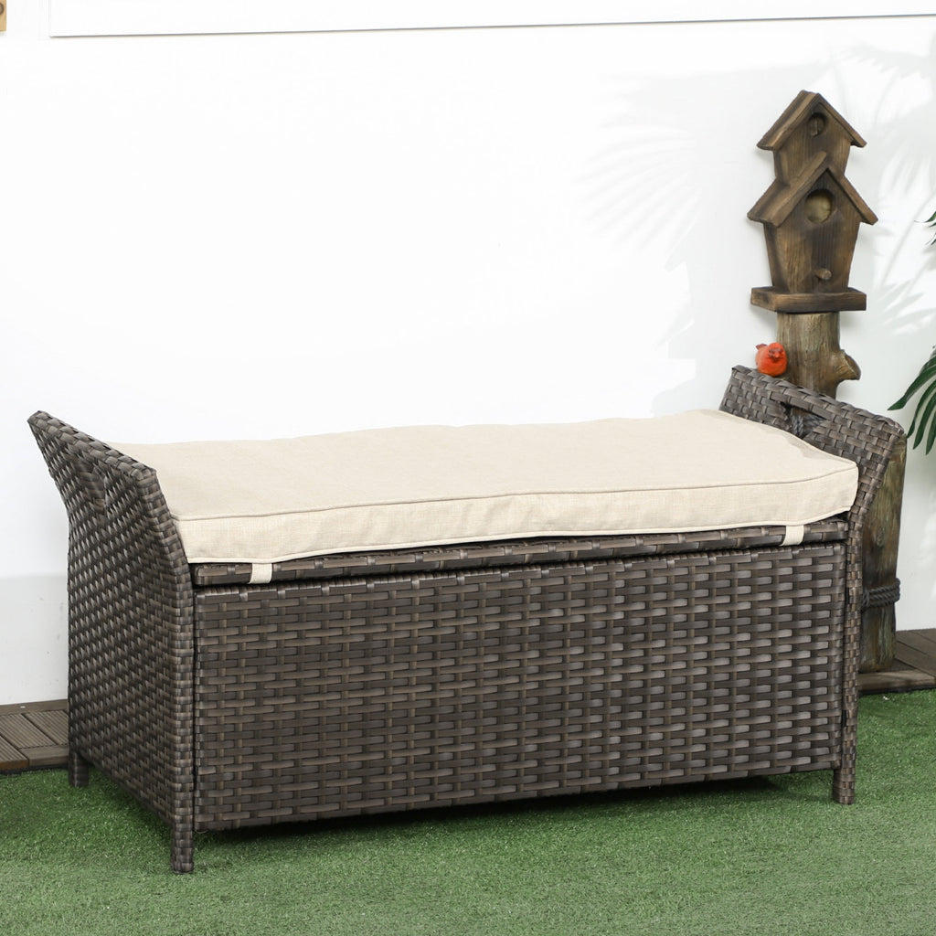 Outdoor Storage Bench PE Wicker Cream White 27 Gallon 43in
