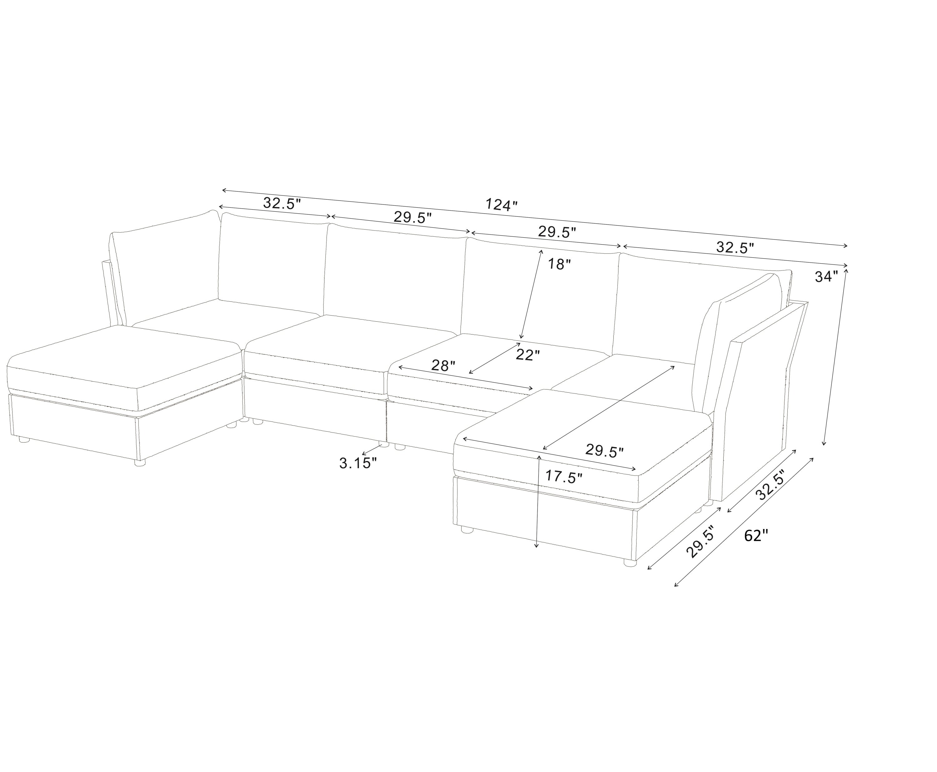 Sectional Sofa Modular Faux Leather Olive 6 Seat 124 In
