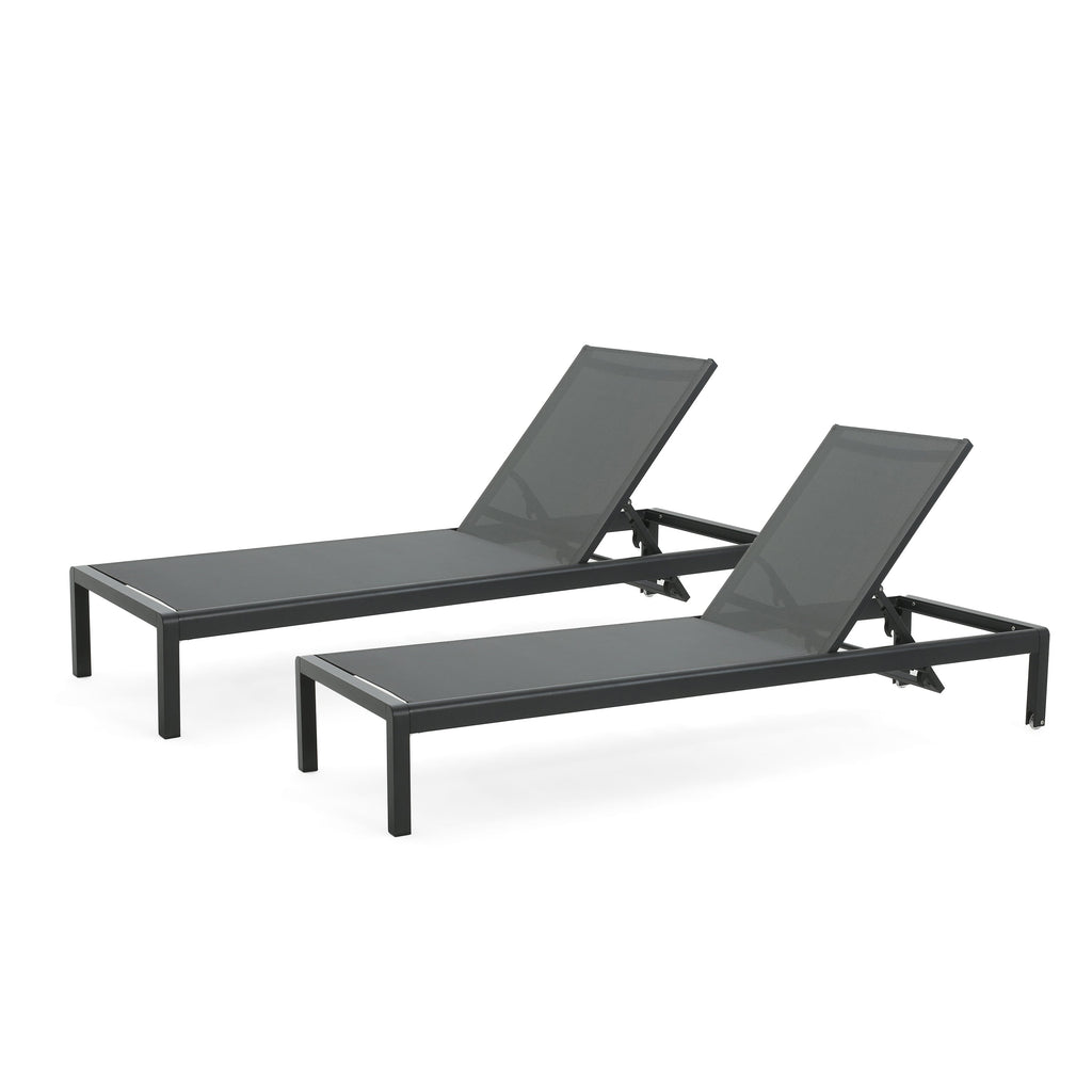 Outdoor Chaise Lounge Mesh Aluminum Black Gray Set of 2 Adjustable 77.5x25 In
