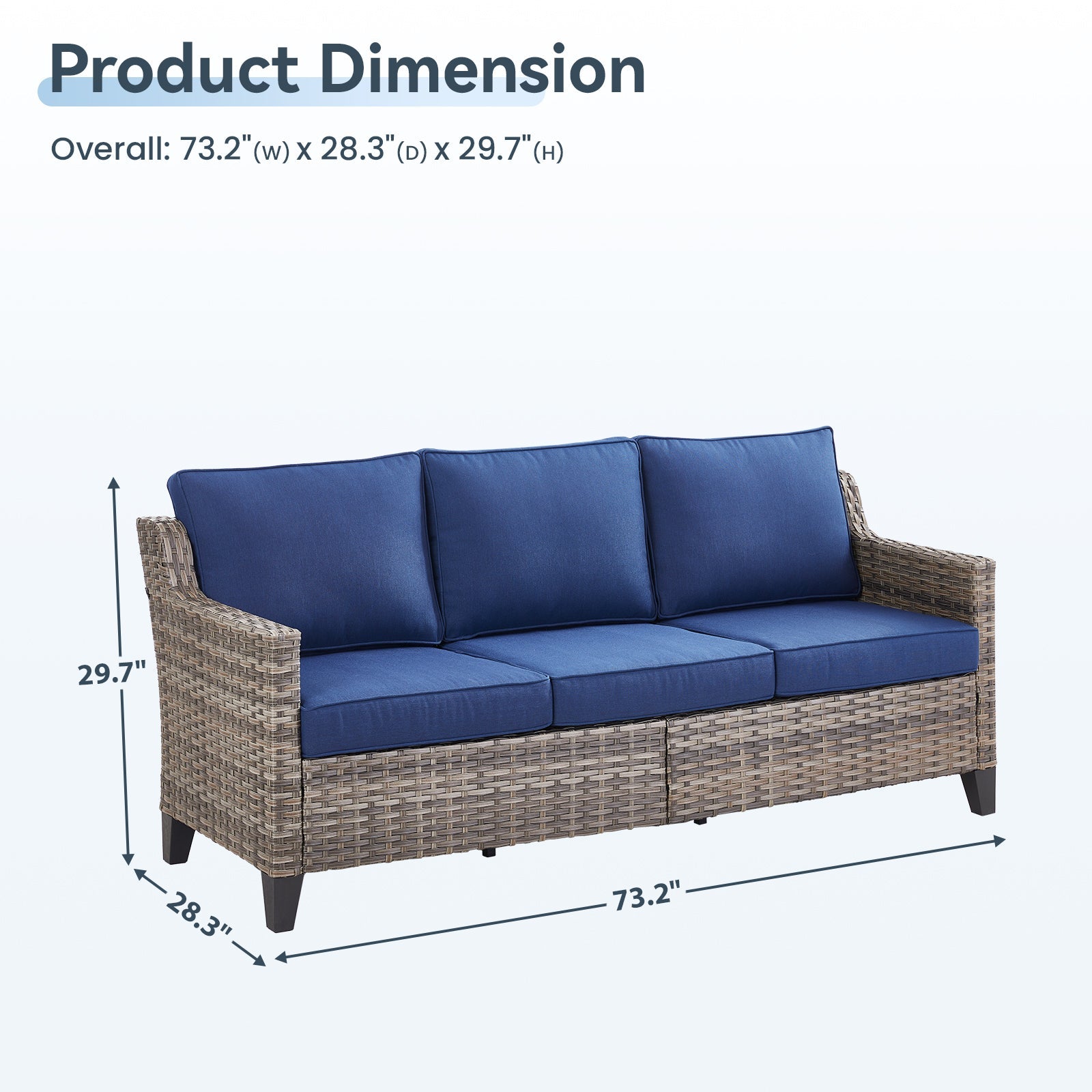 73.2 in Outdoor Patio Sofa, 3-Seat Gray Rattan Couch with Blue Cushions