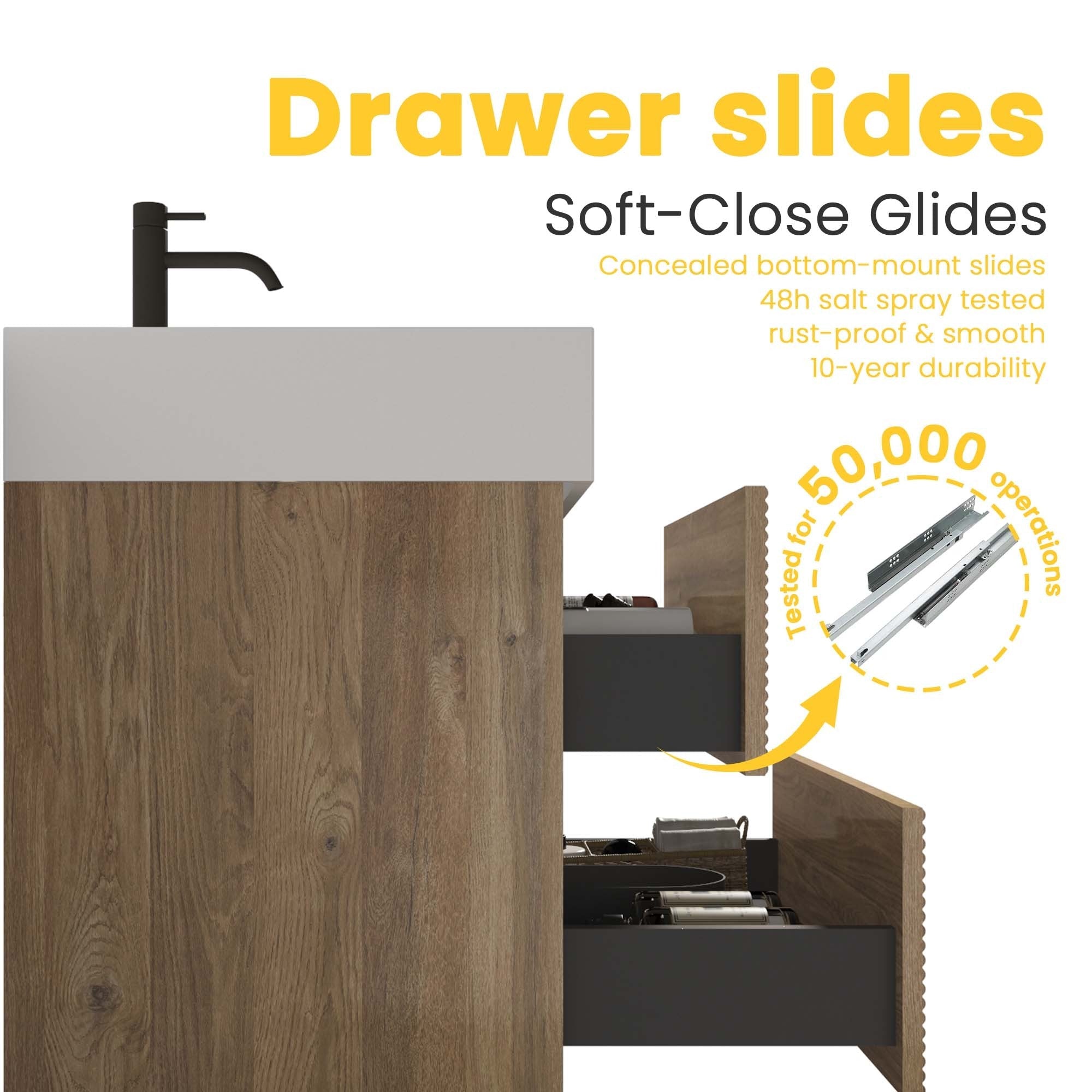 24' Rough Oak Bathroom Vanity with White Glossy Engineered Quartz Sink Soft Drawers