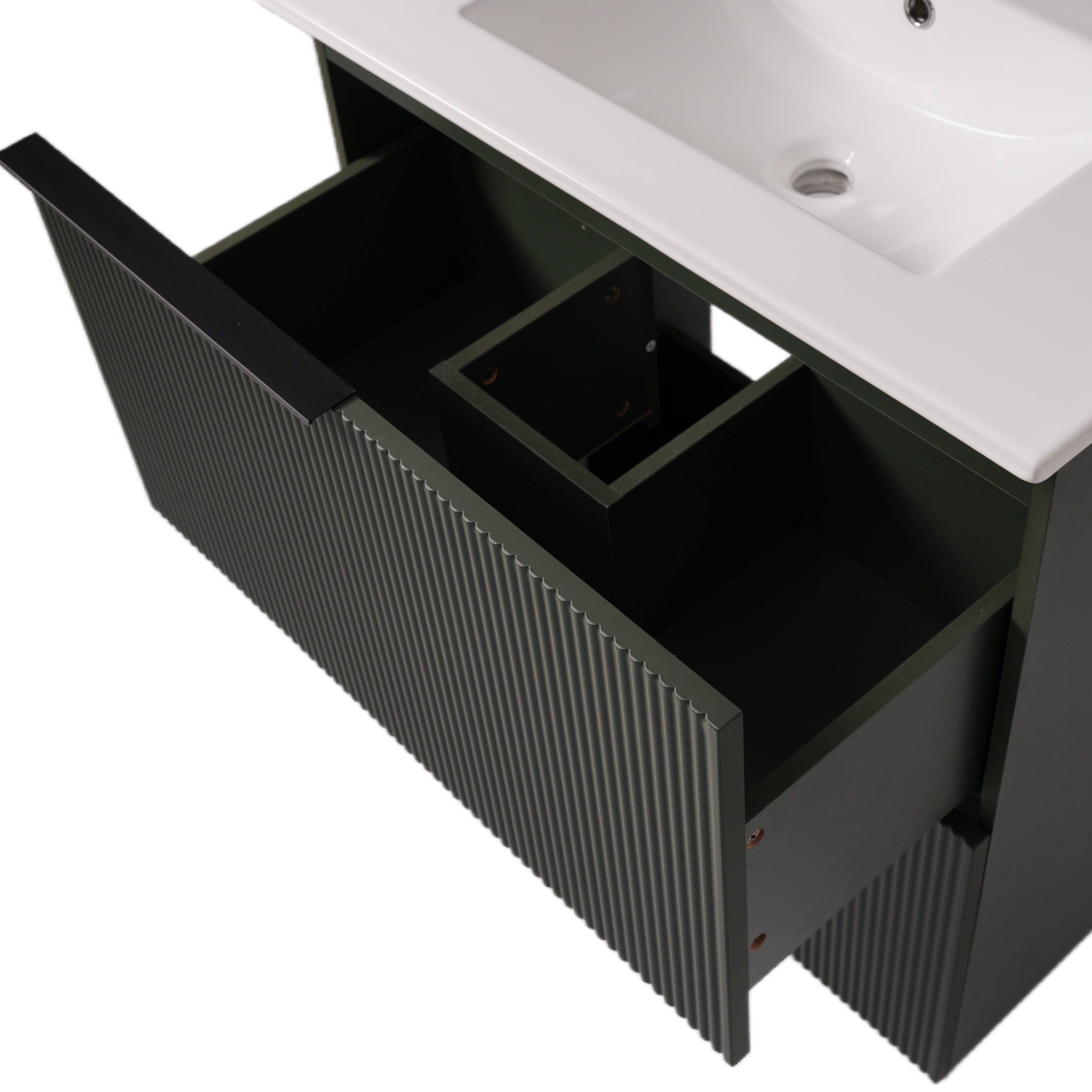Green Fluted Bathroom Vanity with Ceramic Sink, 30' Full-Extension Drawers, S...