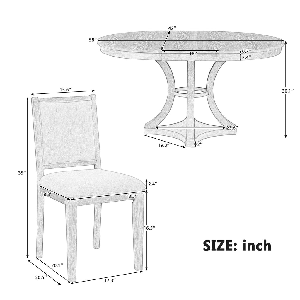 5-Piece Retro Functional Dining Table Set Extendable Round Table and 4