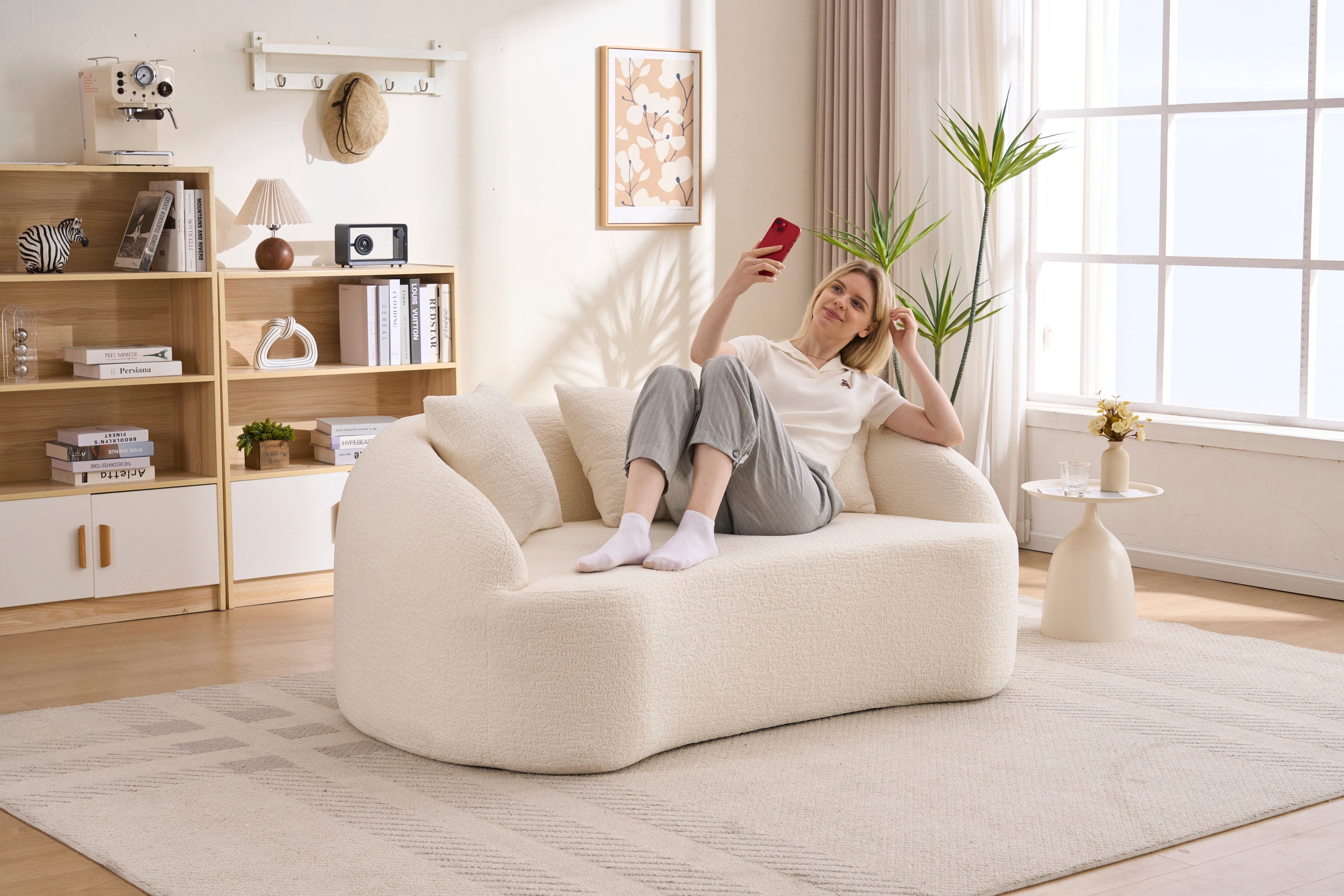 Loveseat Curved Modern Chenille Off-White 2 Seat 3 Pillows 65 In