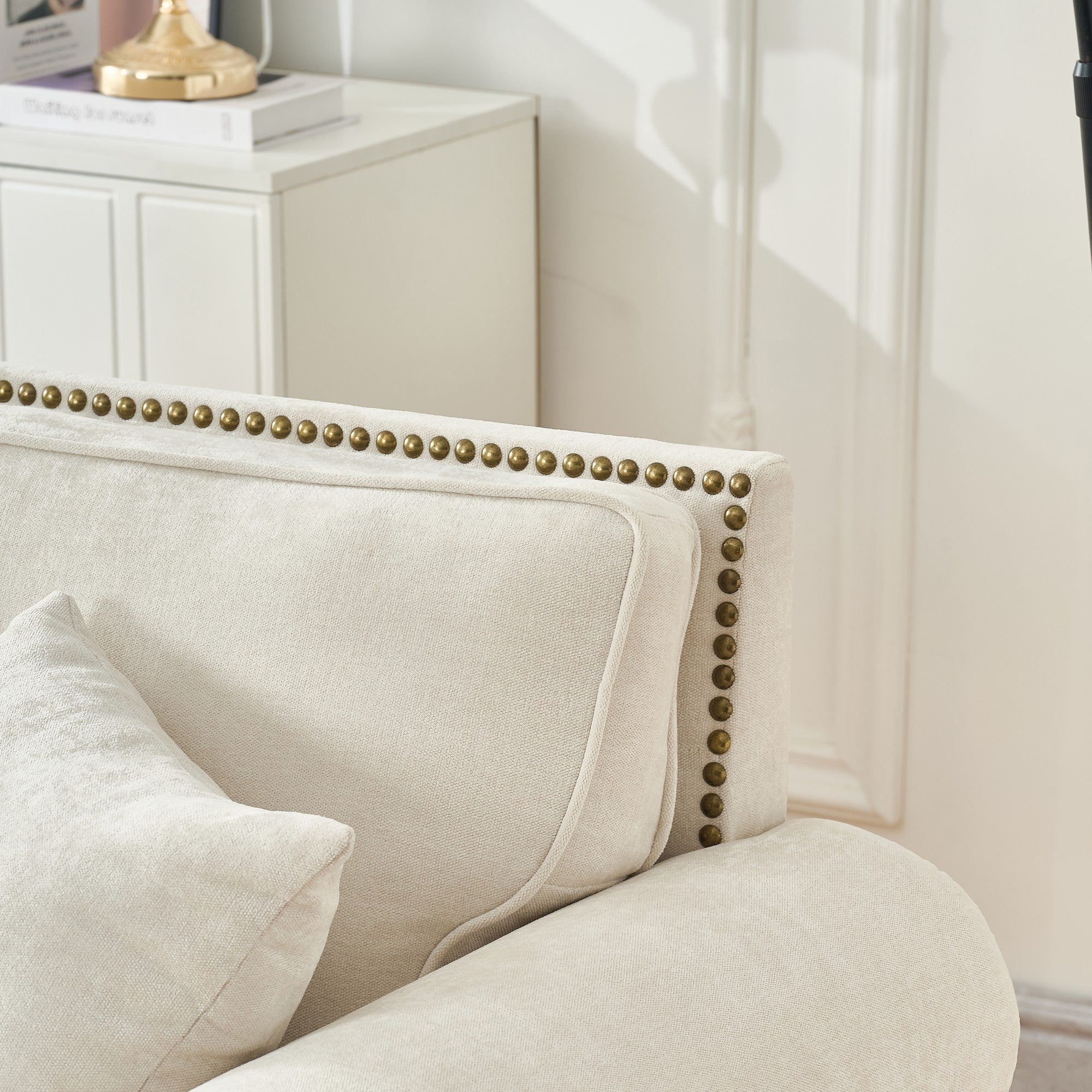 Loveseat Chenille Beige Rolled Arms Nailhead Trim 63 In 700 LB