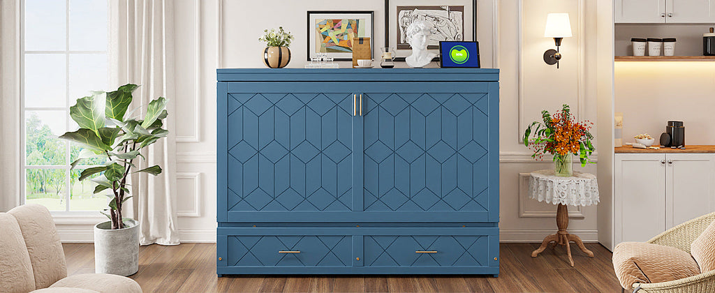 Queen Size Murphy Bed Wall Bed with Drawer and Sockets and USB Ports, Navy Blue