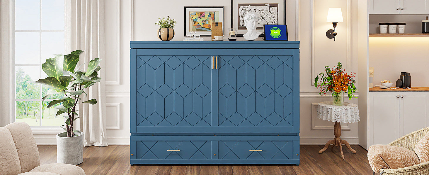 Queen Size Murphy Bed Wall Bed with Drawer and Sockets and USB Ports, Navy Blue