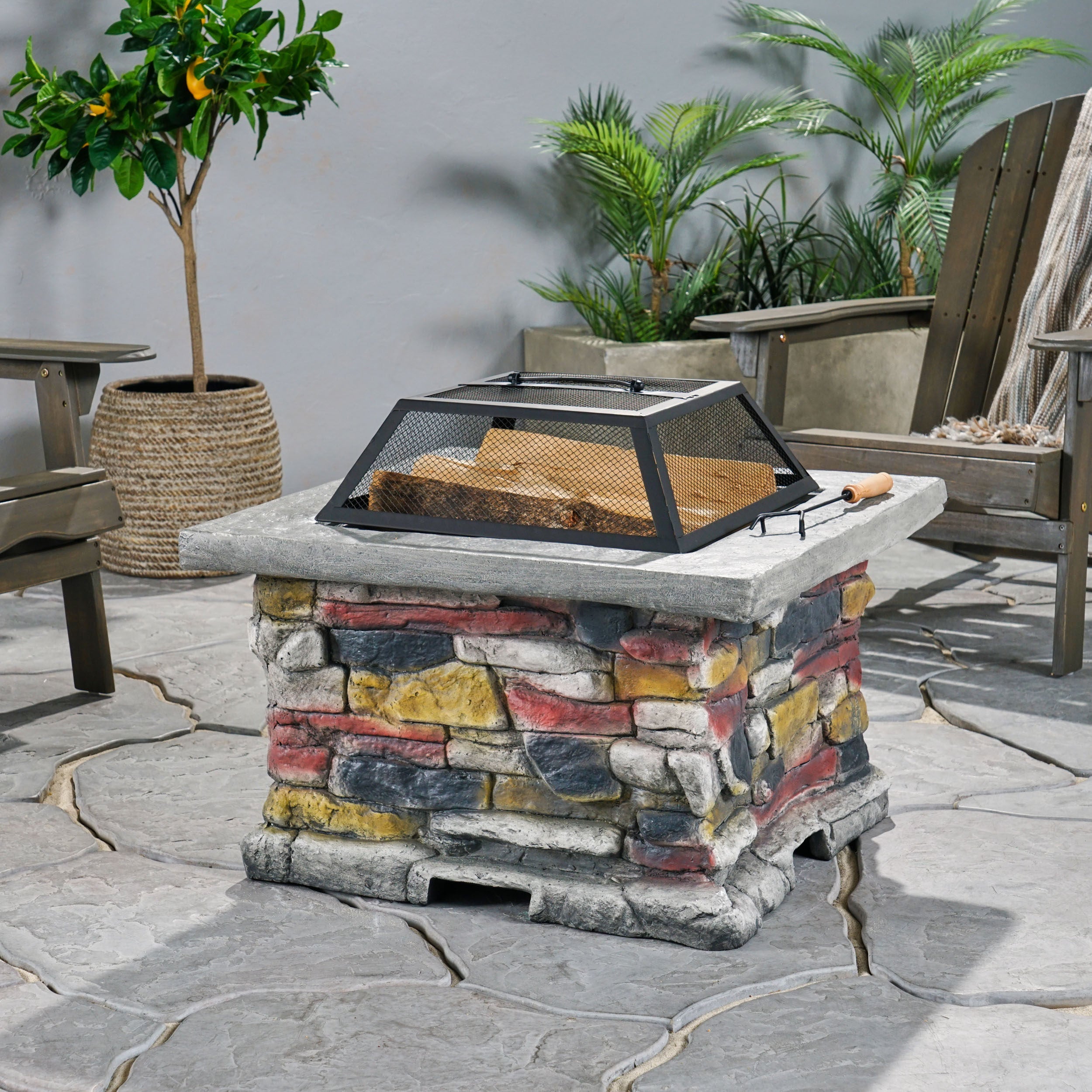 28' Outdoor Wood Burning Magnesium Oxide Fire Pit with Lid, Stone Gray