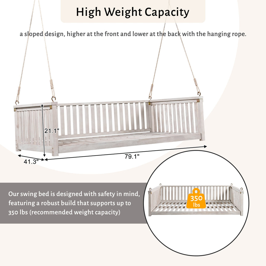 Outdoor Swing Bed Acacia Wood White Twin Size Minimalist 79.1x41.3 In 350 LB