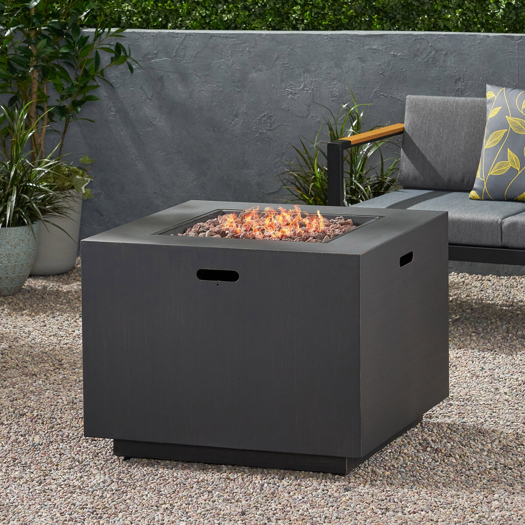 33' Outdoor Iron Square Propane Fire Pit, Tank Inside, Brushed Brown 50,000 BTU