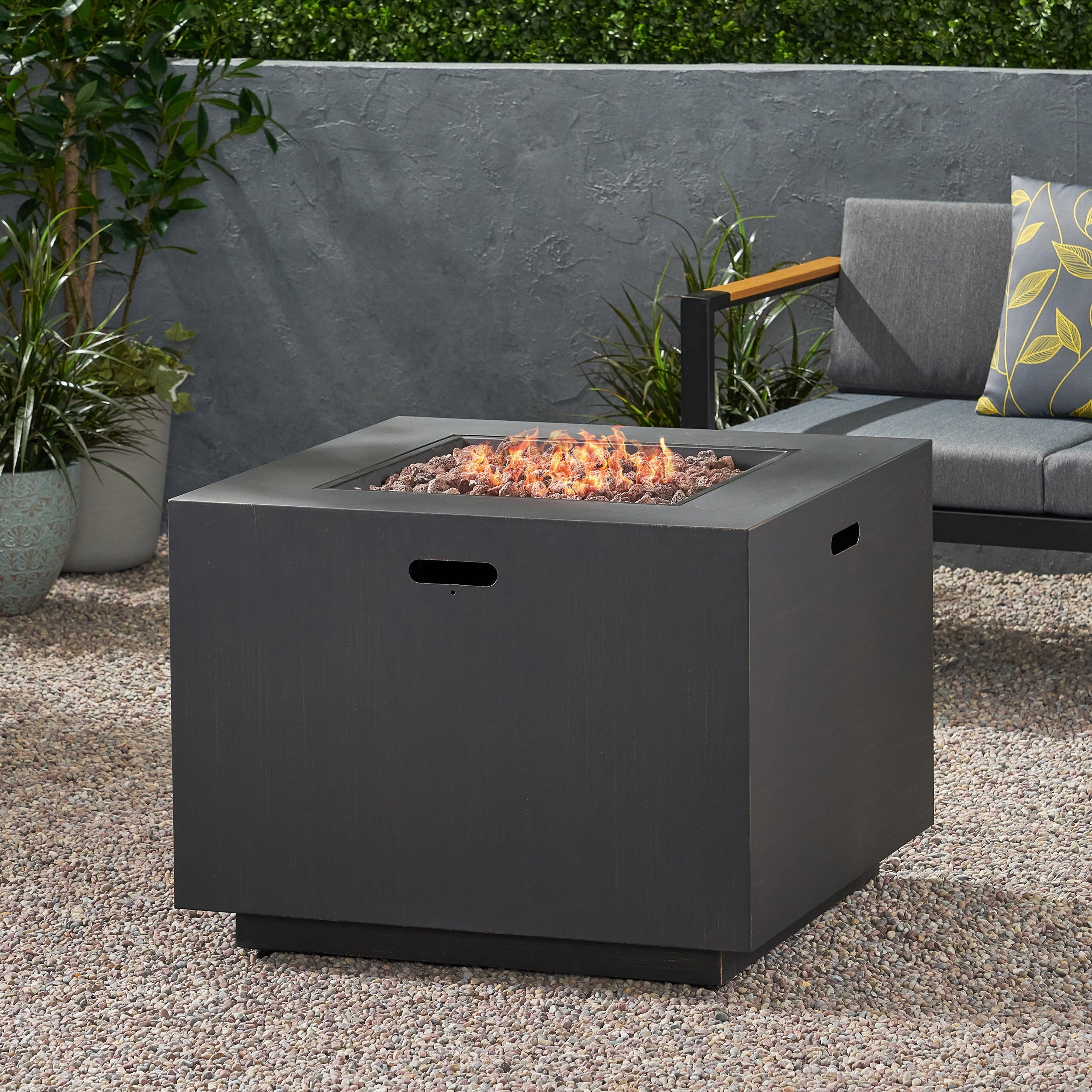 33' Outdoor Iron Square Propane Fire Pit, Tank Inside, Brushed Brown 50,000 BTU