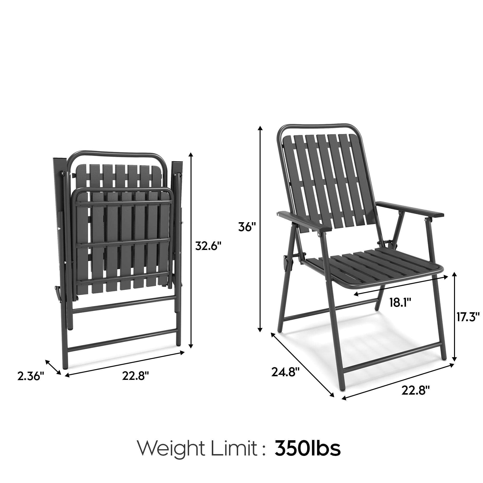 Outdoor Patio Set Metal WPC Black 3 Piece Folding Chairs Glass Table 350 LB