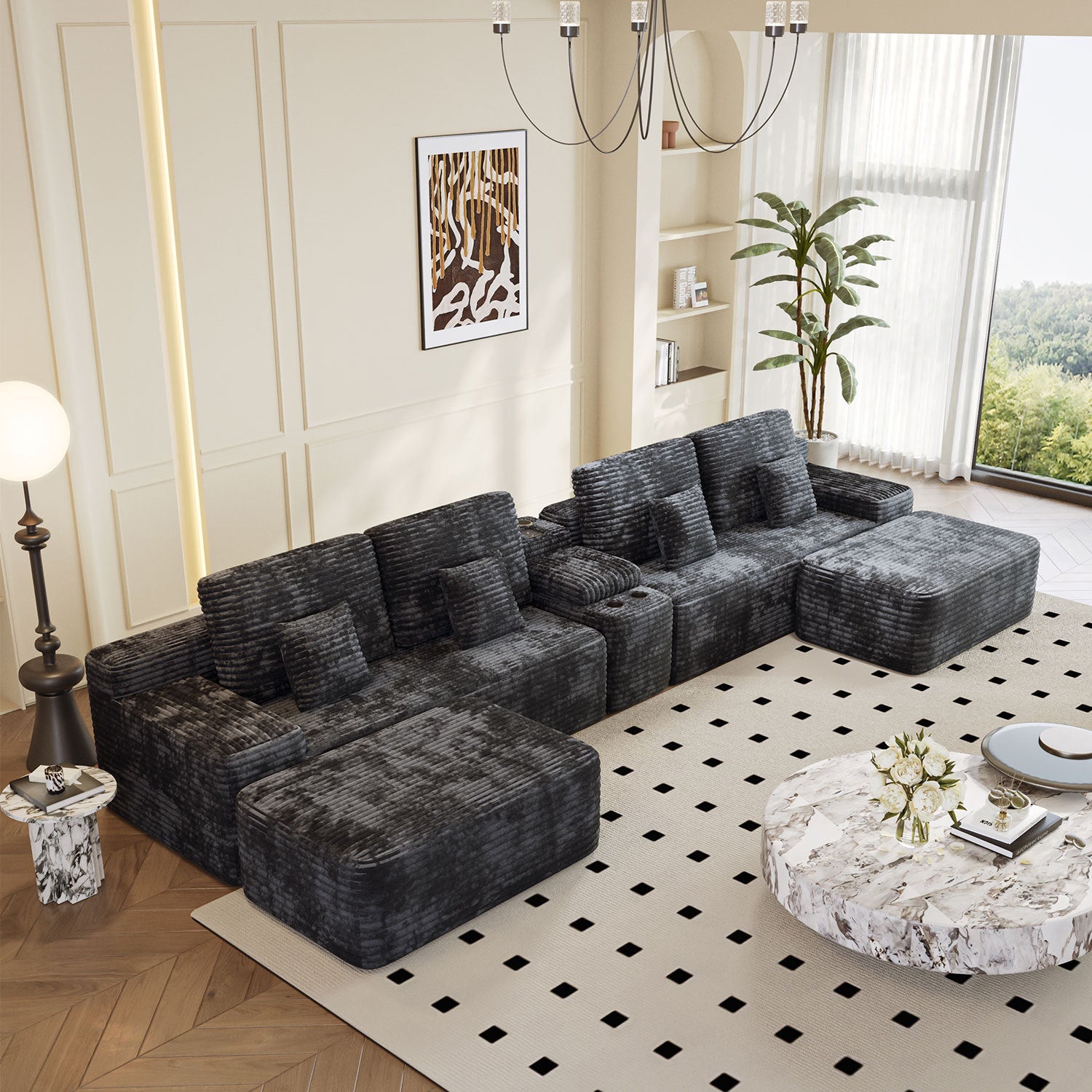 Sectional Sofa U-Shape Corduroy Black 6 Seat USB Bluetooth 150 In