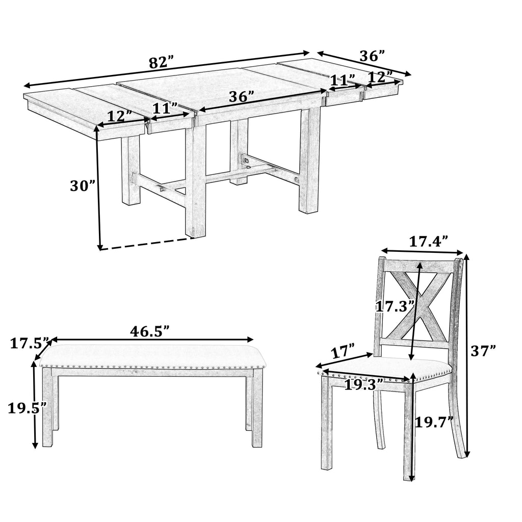 Farmhouse 82inch 6-Piece Extendable Dining Table with Footrest, 4 Upholstered