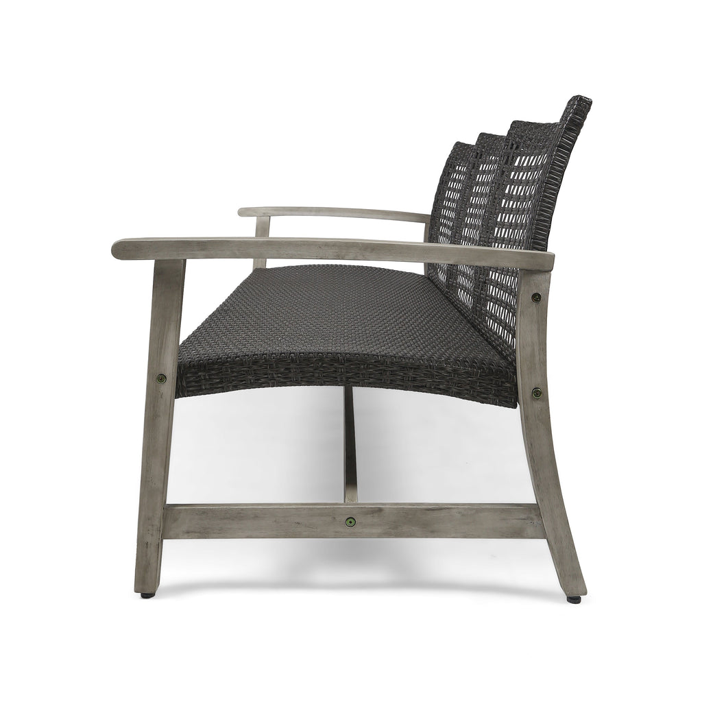 Outdoor Sofa Acacia Wood Wicker 3 Seater Gray 75.5in