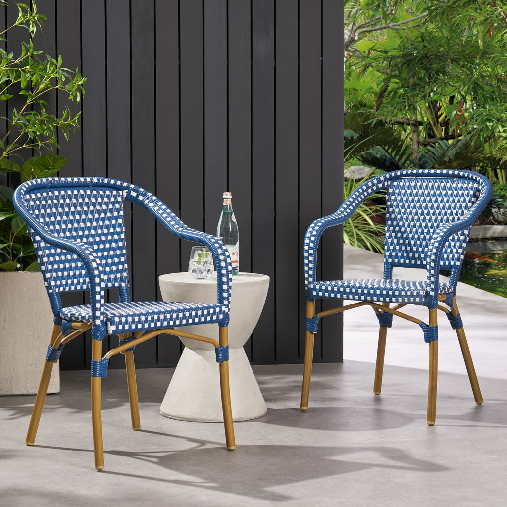 Outdoor Bistro Chair Set of 2, Rattan Wicker Aluminum Frame, White and Navy