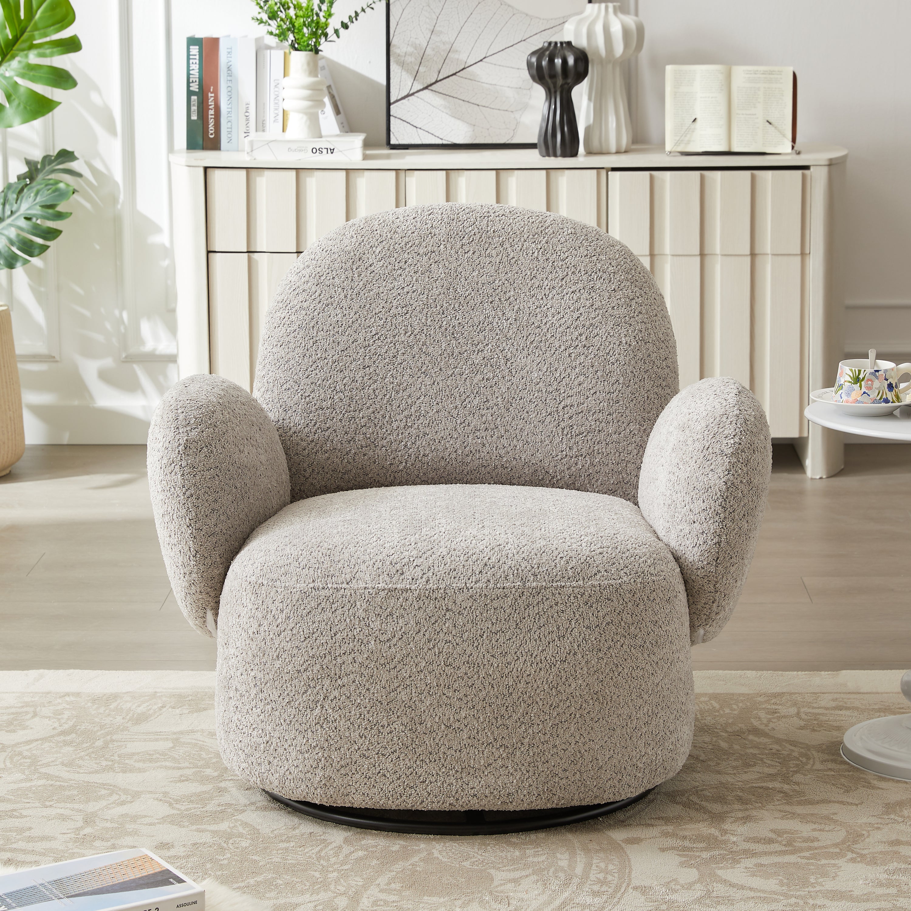 Accent Chair Swivel 360 Degree Fabric Gray Metal Frame 35x35x32 In